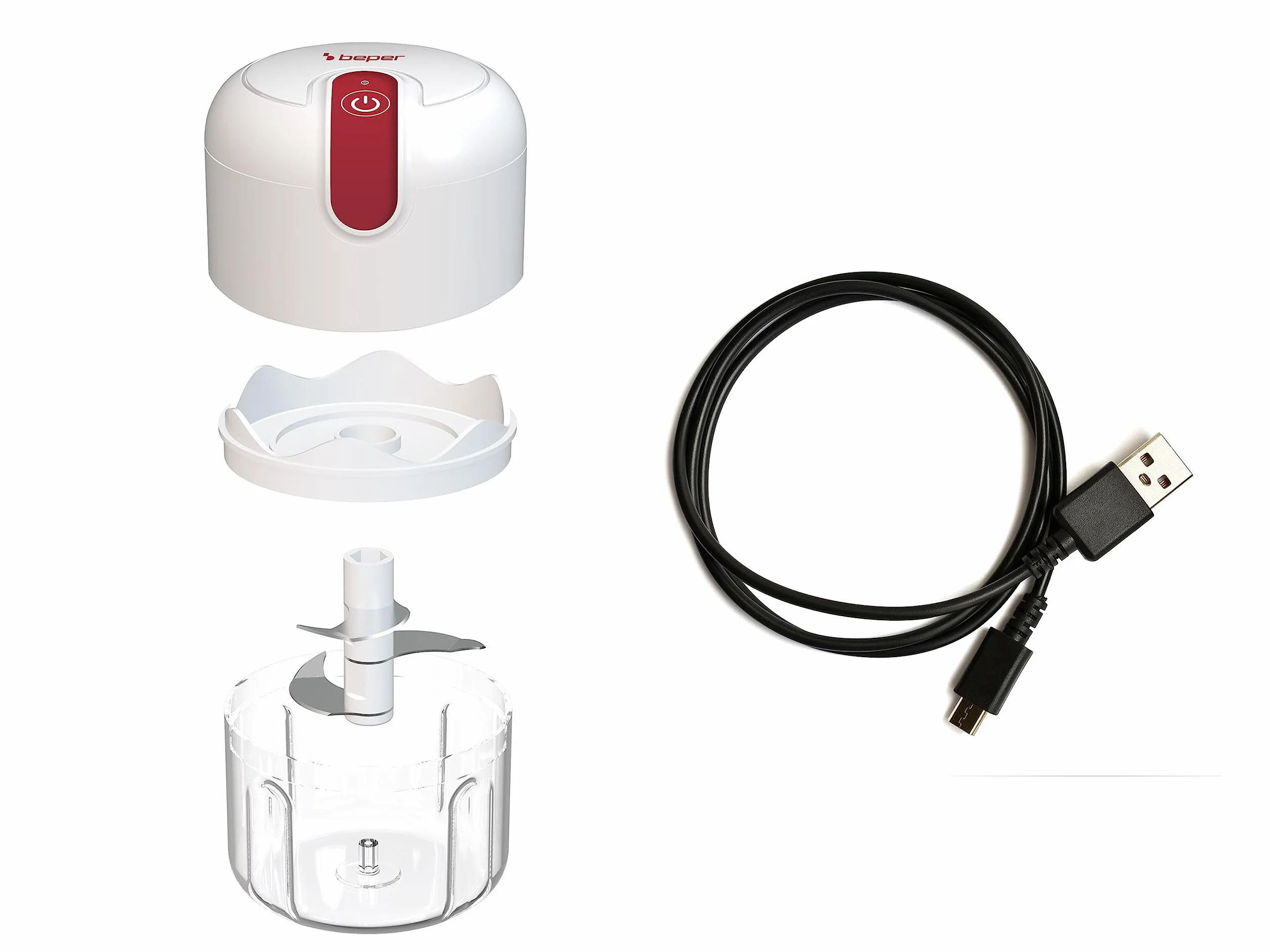 BEPER P102ROB050 Rozdrabniacz USB Mini Robot Kuchenny 250 ml 3,7 V Stal nierdzewna Czerwony Biały