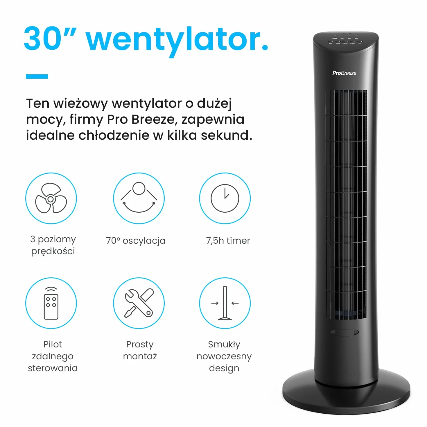 Pro Breeze Wentylator Kolumnowy 60W 76 cm Bezśmigłowy z Pilotem Automatyczna Oscylacja 7.5h Timer Czarny