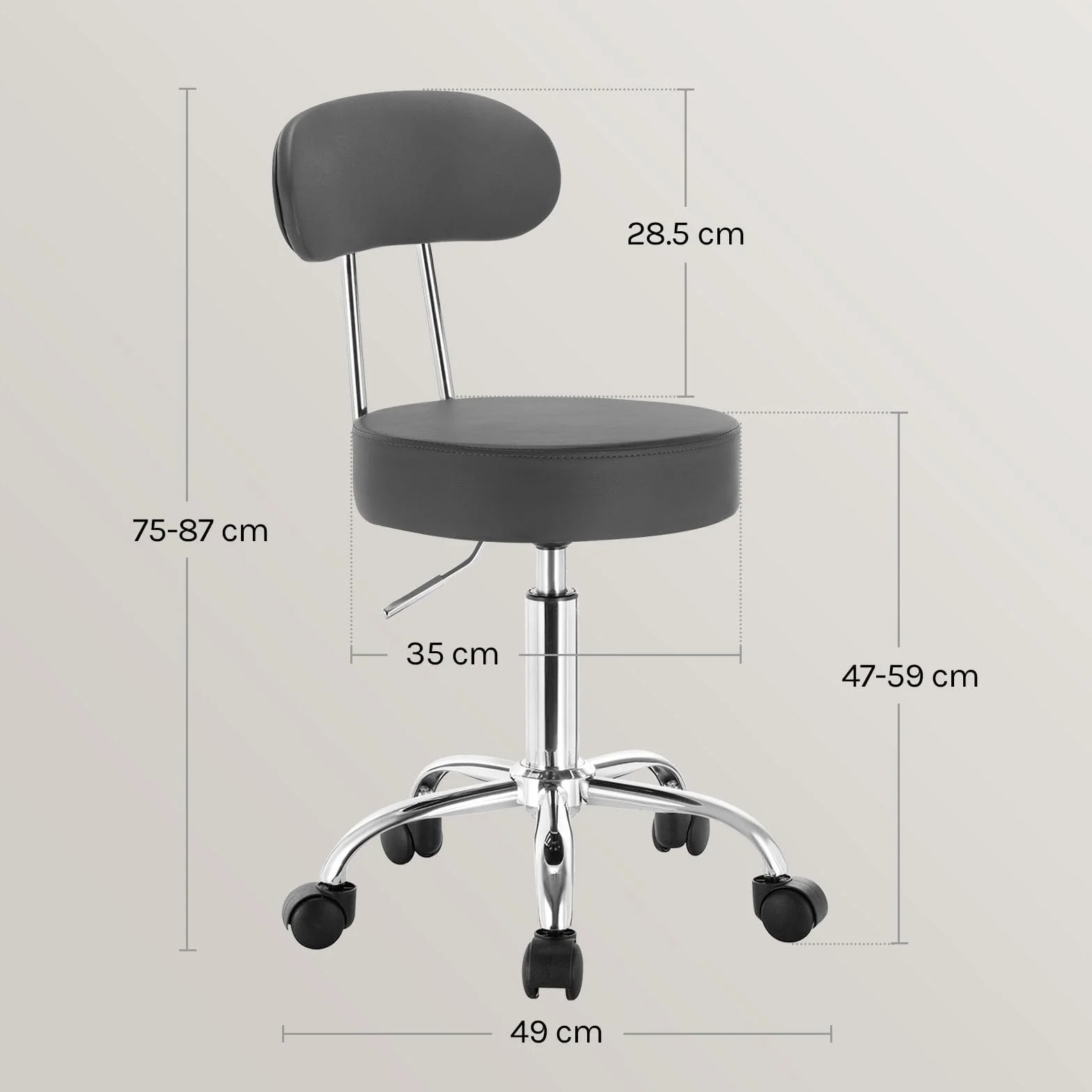 WOLTU Taboret na kółkach, toaletka, taboret z regulacją wysokości, z kółkami i oparciem, szary, taboret roboczy obrotowy o 360°, taboret biurowy, taboret kosmetyczny do warsztatu, salonu piękności