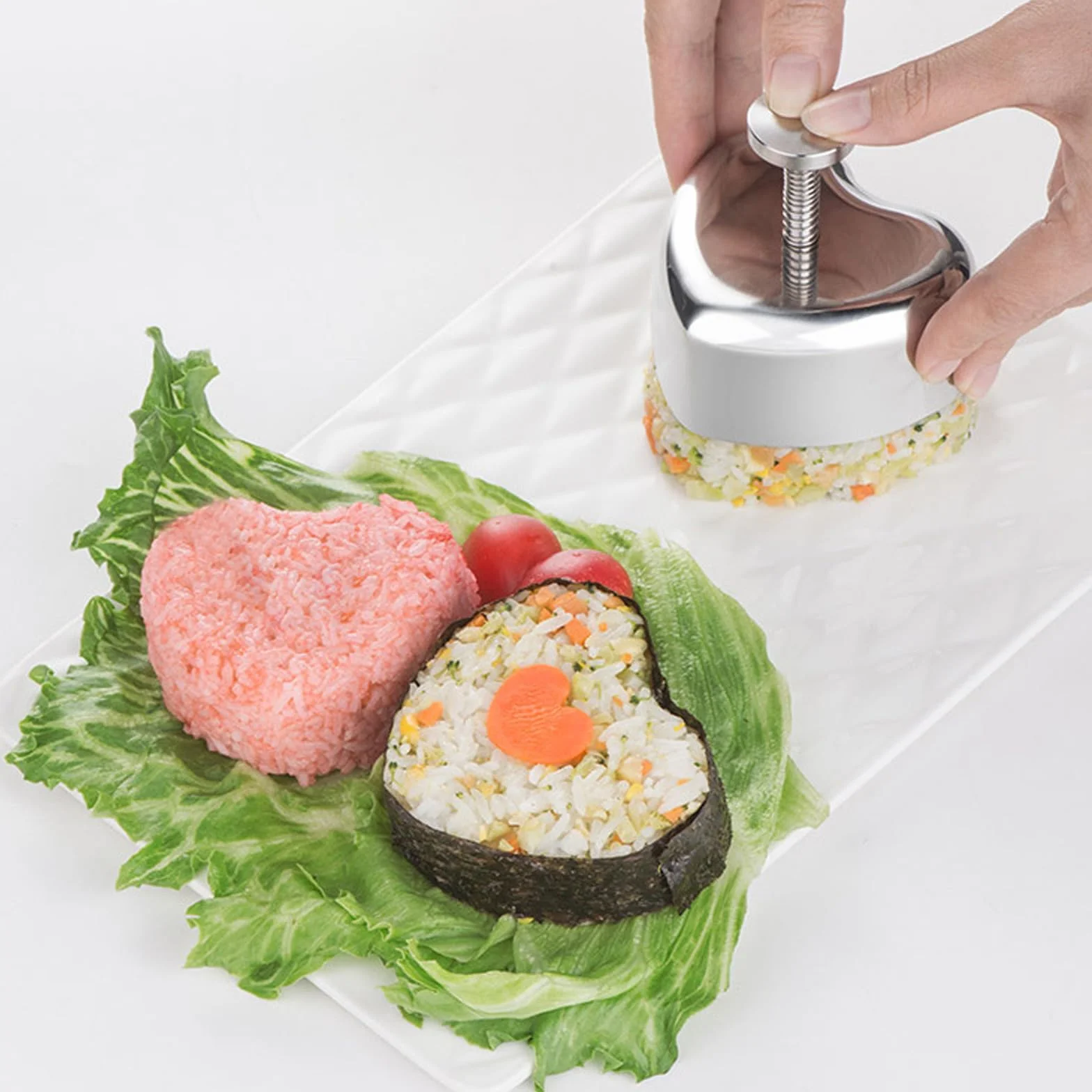 Onigiri foremka do sushi Maker Onigiri Mold, forma do sushi w kształcie serca, forma do robienia kulek ryżowych, stal nierdzewna Onigiri Maker forma do sushi i łyżka do ryżu do samodzielnego wykonania