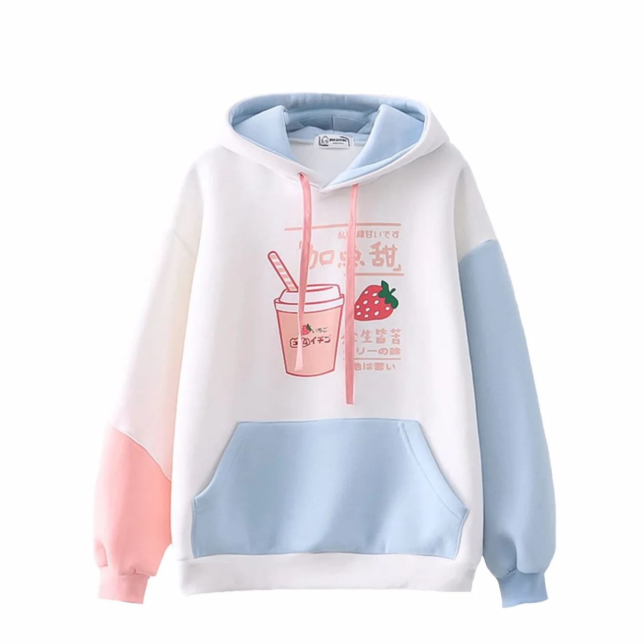 Kawaii, ciepła bluza z kapturem, dla dziewcząt, urocze, truskawkowe, nadruk, luźna bluza z kapturem, patchworkowa, na co dzień, pulower