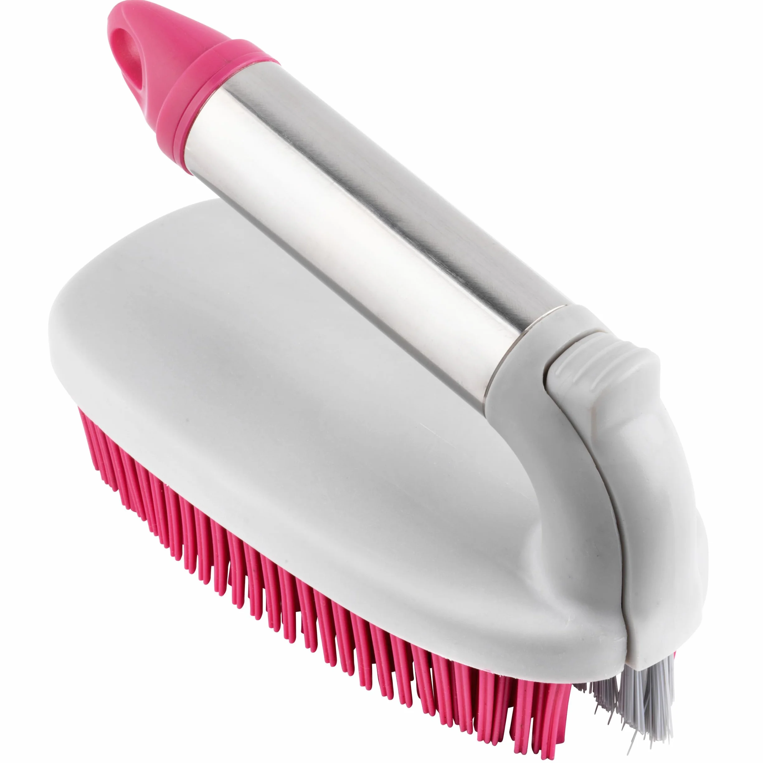 Kleeneze KL078957EU7 2 in 1 Rubber Head Scrubbing Brush, Carry Handle for Easy Use, Cleans Dishes/Pots Quickly, Pink/Grey