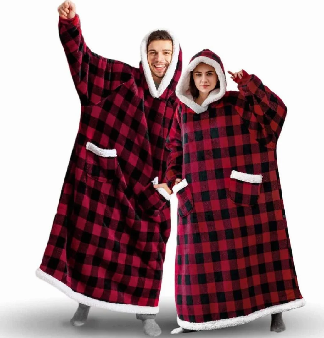 Sacebeleu Przytulny koc z rękawami, oversize, miękki koc z kapturem, Sherpa dla kobiet i mężczyzn, puszysty flanelowy koc do oglądania telewizji z rękawami, przenośny, na całe ciało, kratka