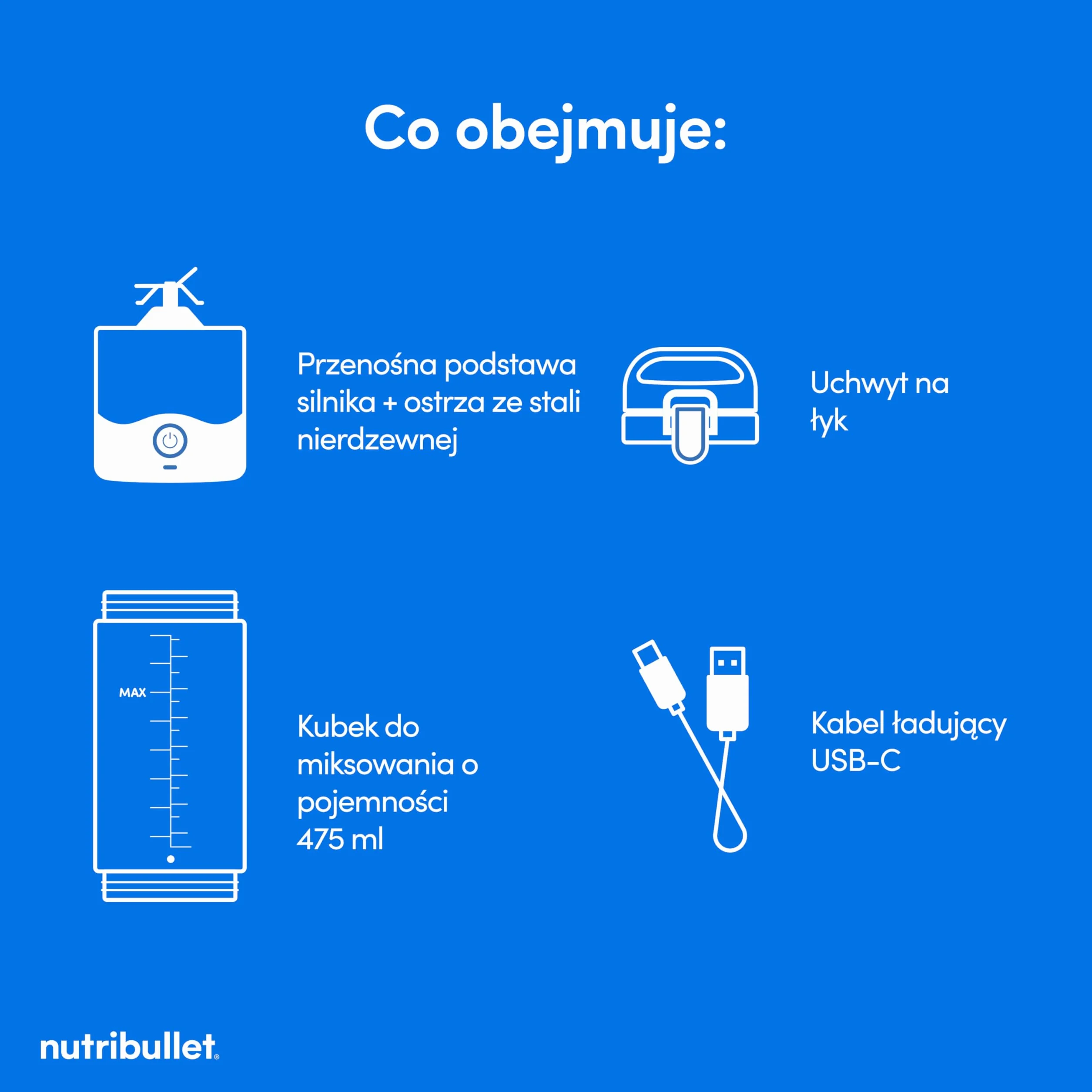Nutribullet Mini Blender 475 ml Bez BPA Tritan 4-Stronne Ostrze Stal Nierdzewna USB-C Biały NBP003W
