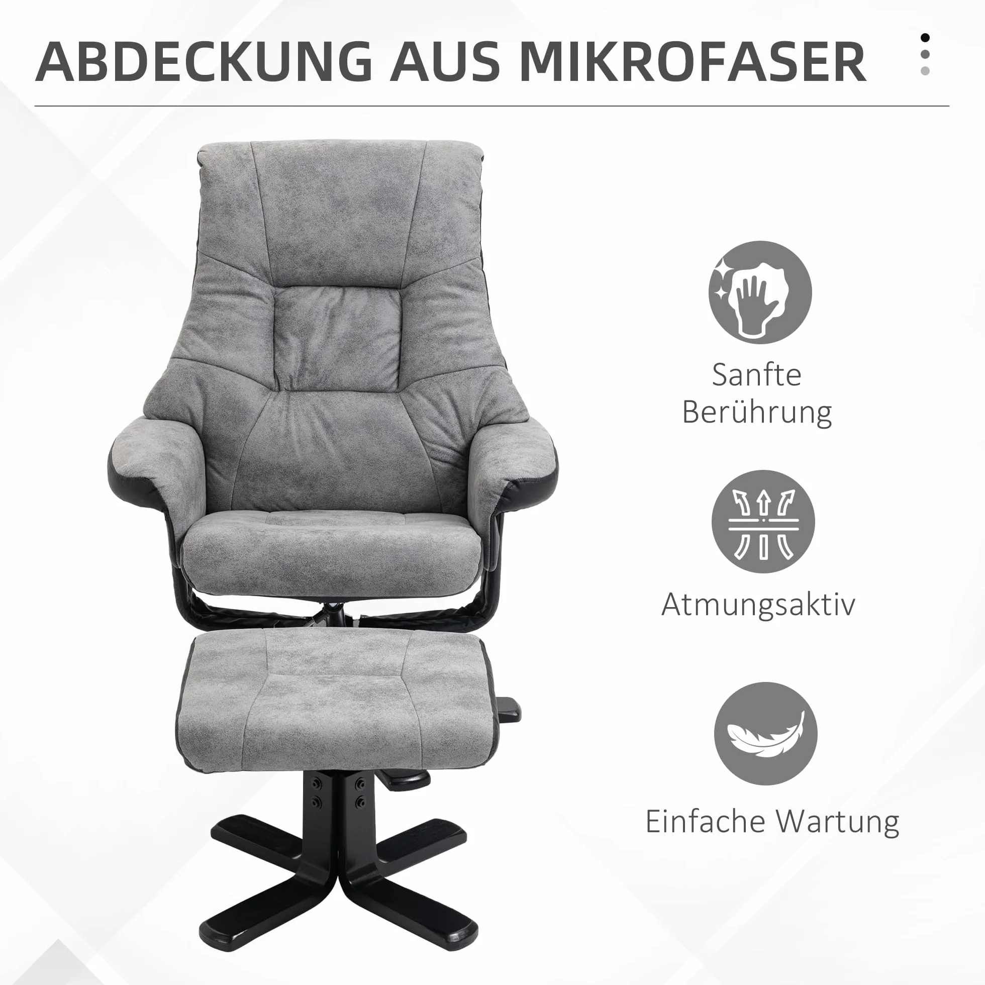 HOMCOM Fotel relaksacyjny z taboretem, obrotowy fotel telewizyjny z funkcją leżenia, tapicerowany fotel do salonu, sypialni, mikrofibra, szary, 78 x 82,5 x 109 cm