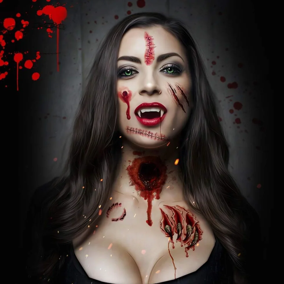 Sporgo Tatuaże na Halloween: 24 arkusze tymczasowych tatuaży, zombie, blizny, naklejki, rany, krew, zadrapania, do kostiumu, makijażu, imprezy, rekwizyty