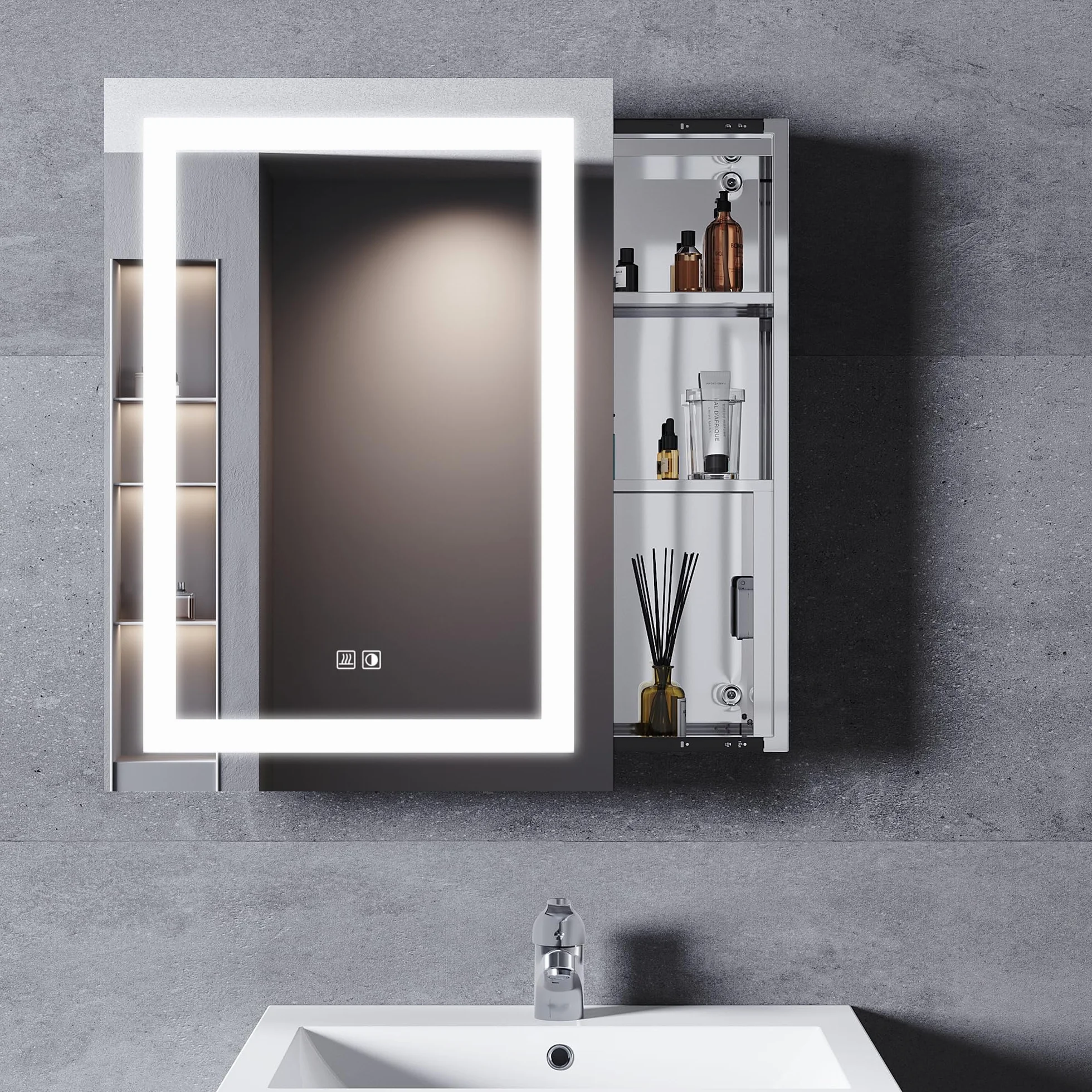 SONNI Łazienkowa szafka z lustrem LED 70x50 cm 3 kolorowe światło ściemniania gniazdko elektryczne defogging drzwi przesuwne stal nierdzewna