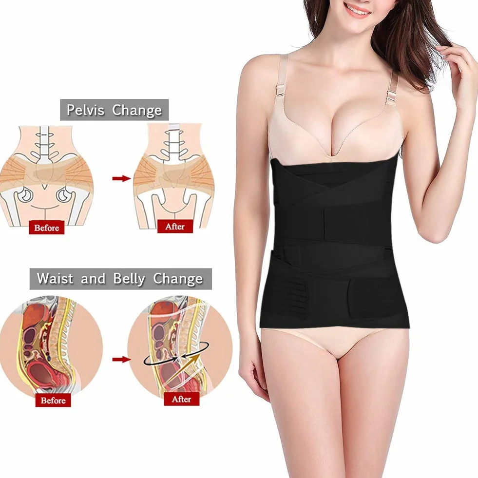 OKPOW 3 w 1 opaska na brzuch po porodzie pas po porodzie damski pas na brzuch wsparcie regeneracji gorset owijany, Czarny, Plus Size for Weight over 190lbs