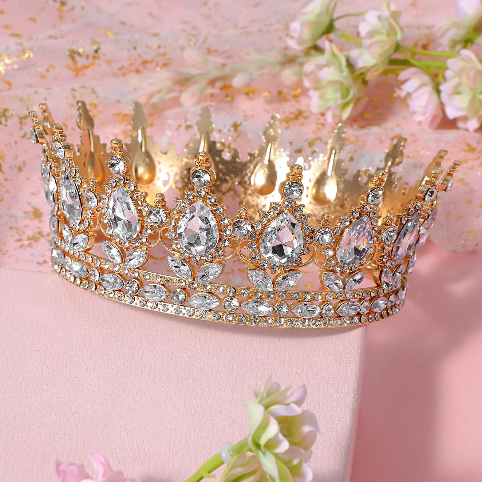 Złota korona kryształ górski diadem ślubny dla panny młodej