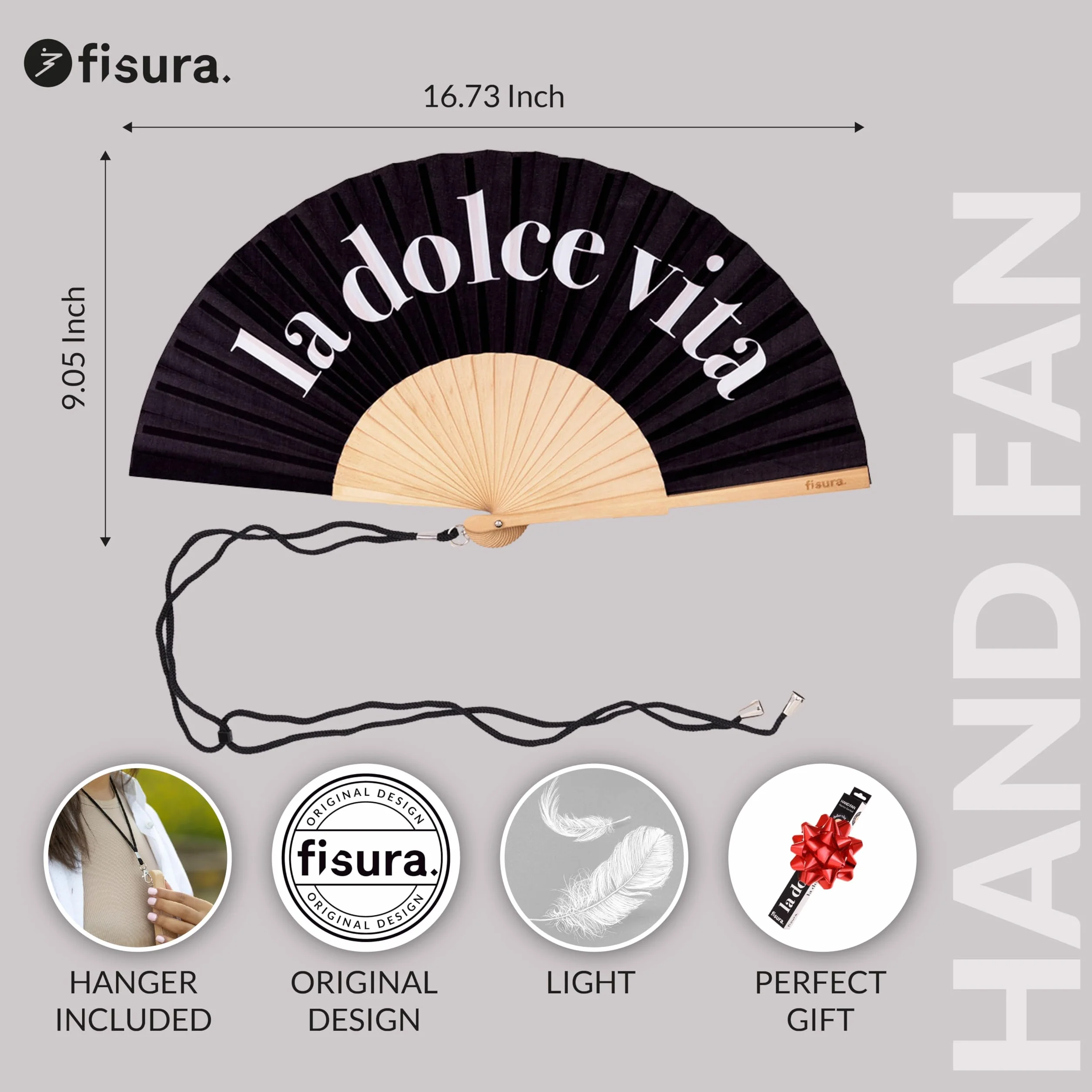 Fisura – Oryginalny wachlarz z napisem “dolce vita”, nowoczesny i stylowy. Drewniany model w eleganckim czarnym kolorze. Zawiera praktyczny uchwyt do zawieszenia. Wymiary: 42,5 x 23 cm