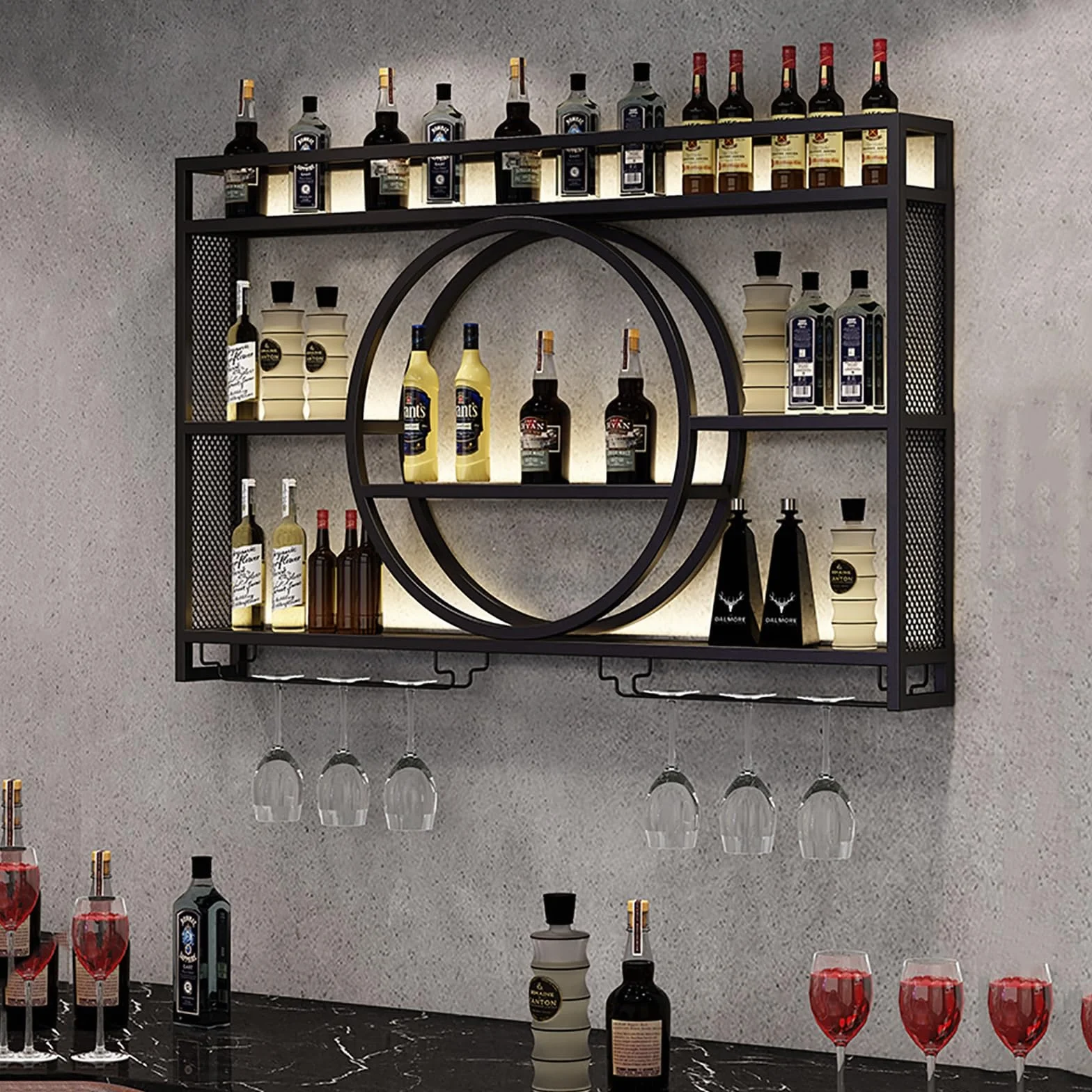 Stojak na wino, ścienne stojaki na wino, ścienny stojak na wino ze światłem LED, żelazna półka na alkohol z uchwytem na kieliszki do wina, pływające ścienne półki na wino, nowoczesny wyświetlacz do
