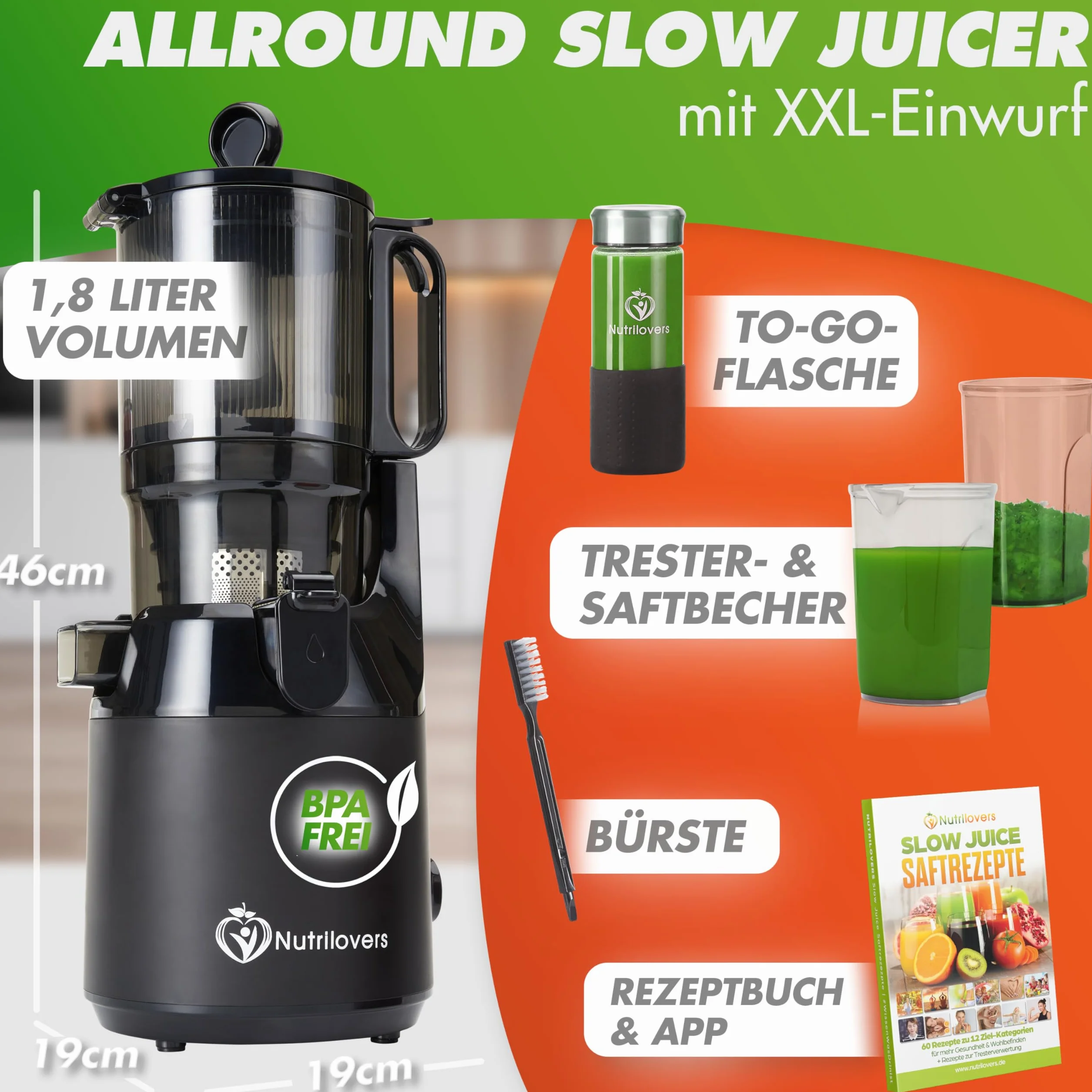 Nutrilovers Sokowirówka Slow Juicer NUTRI-PRESS MAX wyciskanie całych owoców otwór XXL 135 mm, bez BPA, zestaw z butelką
