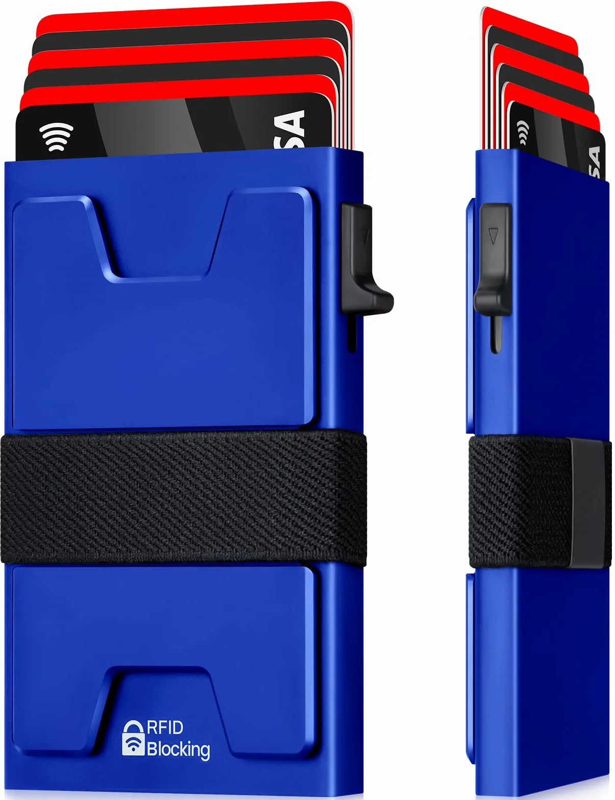 LXMY Męski portfel na karty, etui na karty kredytowe blokujące RFID, wyskakujący minimalistyczny smukły metalowy portfel pomieści 12 kart plus gotówkę, odpowiednie prezenty dla mężczyzn, NIEBIESKI