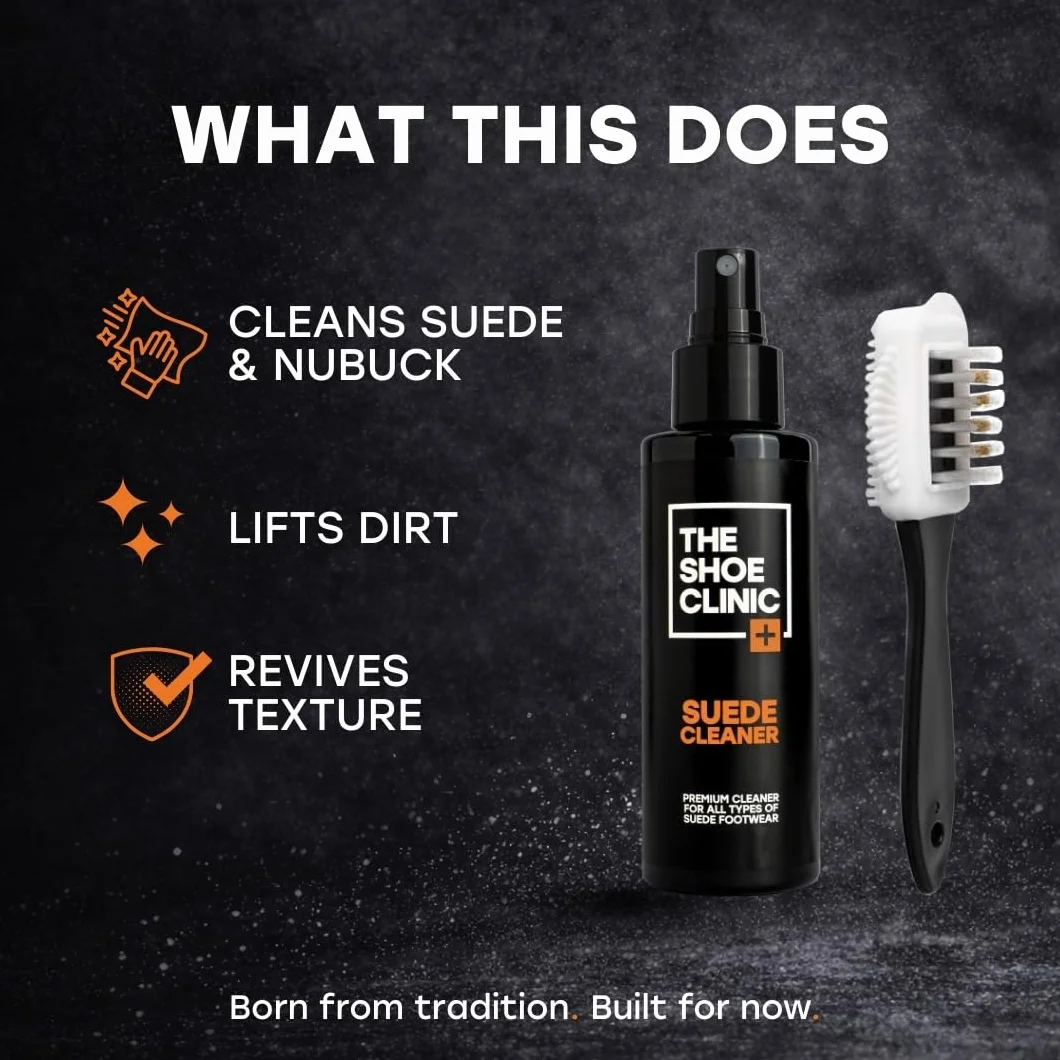 Zestaw szczotek do czyszczenia zamszu Shoe Clinic | Zestaw do czyszczenia butów ze szczotką do zamszu i środkiem czyszczącym do butów zamszowych 125 ml w sprayu do butów, trampek i obuwia