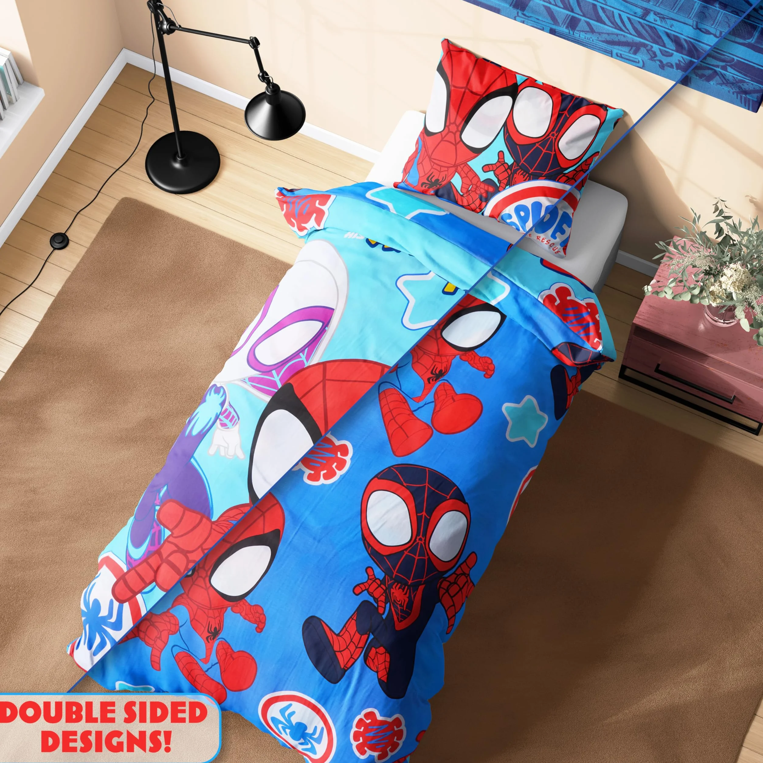 Marvel Spiderman poszewka na kołdrę i poszewka na poduszkę, zestaw pościeli dla dzieci i nastolatków, akcesoria do sypialni, rozmiar pojedynczy (niebieski pająk)