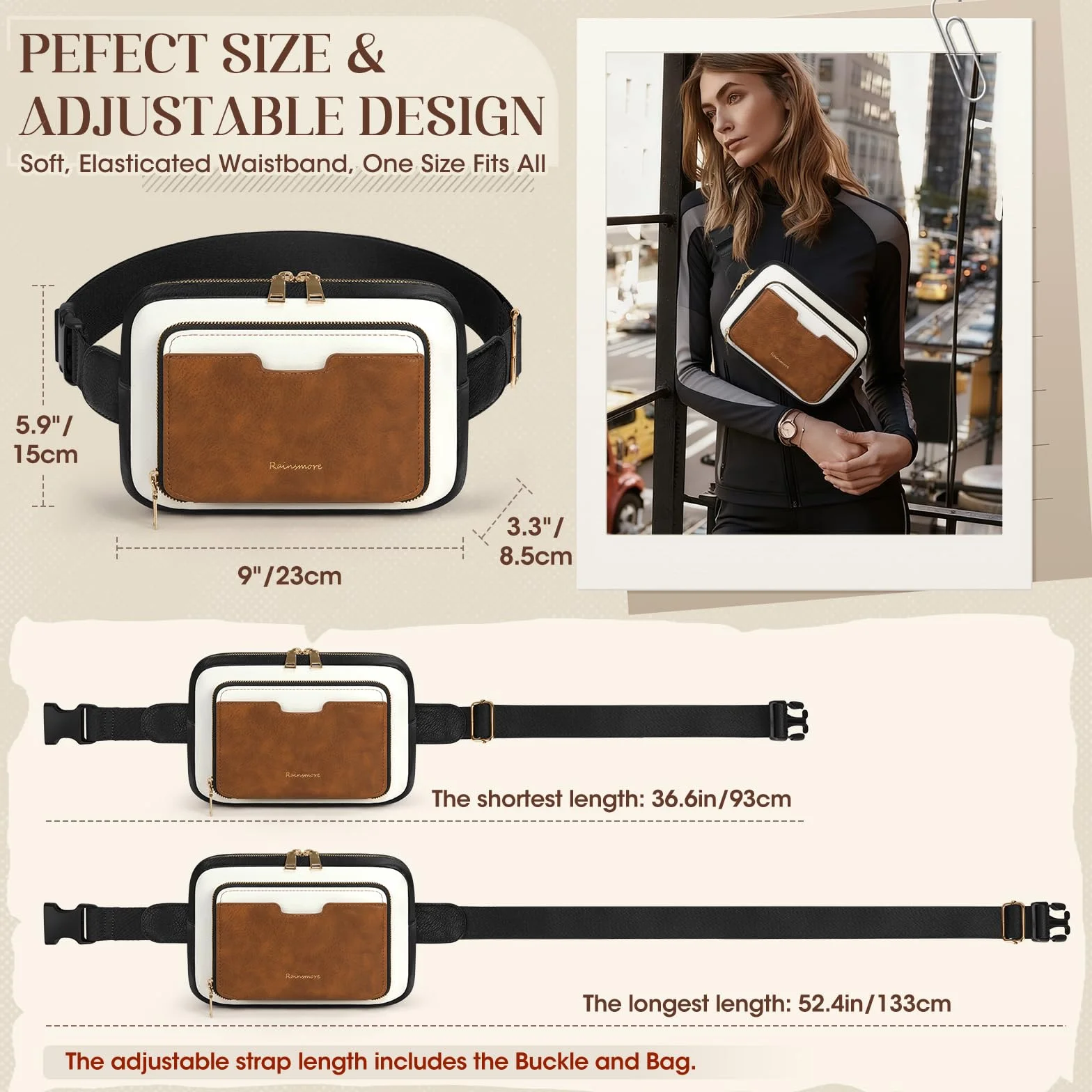 RAINSMORE Fanny Pack dla kobiet, skórzany pasek torba wodoodporna, Czarny Brązowy Biały, Kobiety