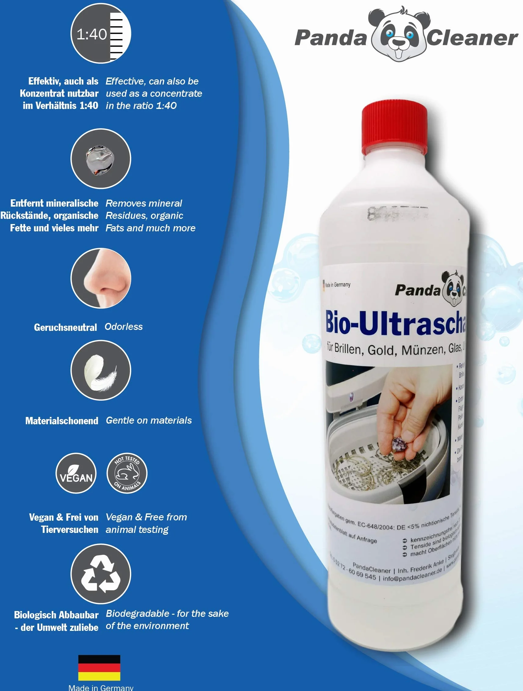 PandaCleaner Płyn do czyszczenia ultradźwiękowego – 250 ml koncentrat do okularów, produktów dentystycznych, złota, monet, szkła, zegarków (wodoodpornych) i wielu innych (250 ml)