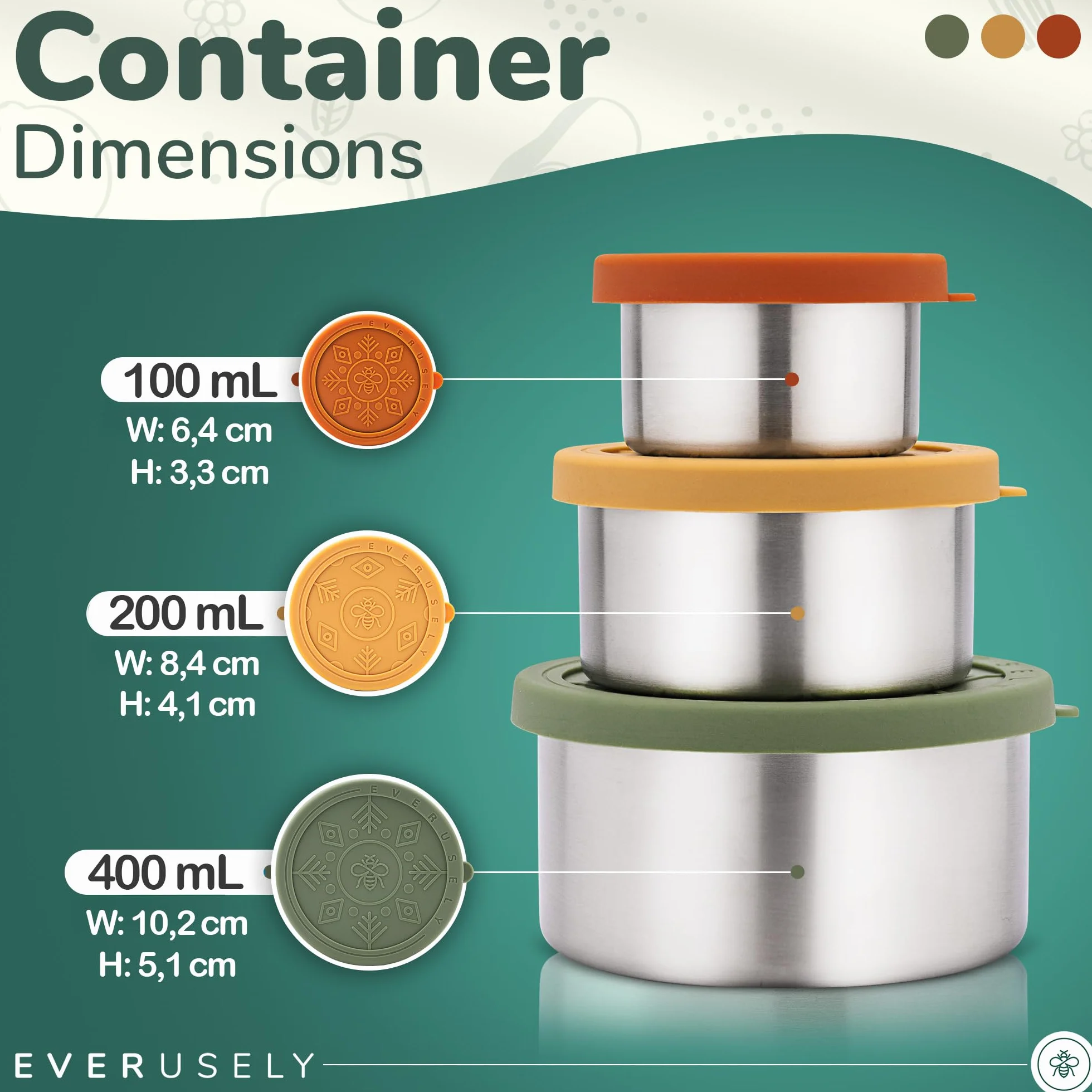 Everusely Stainless Steel Food Containers 3 Pack Leakproof Metal Lunch Box