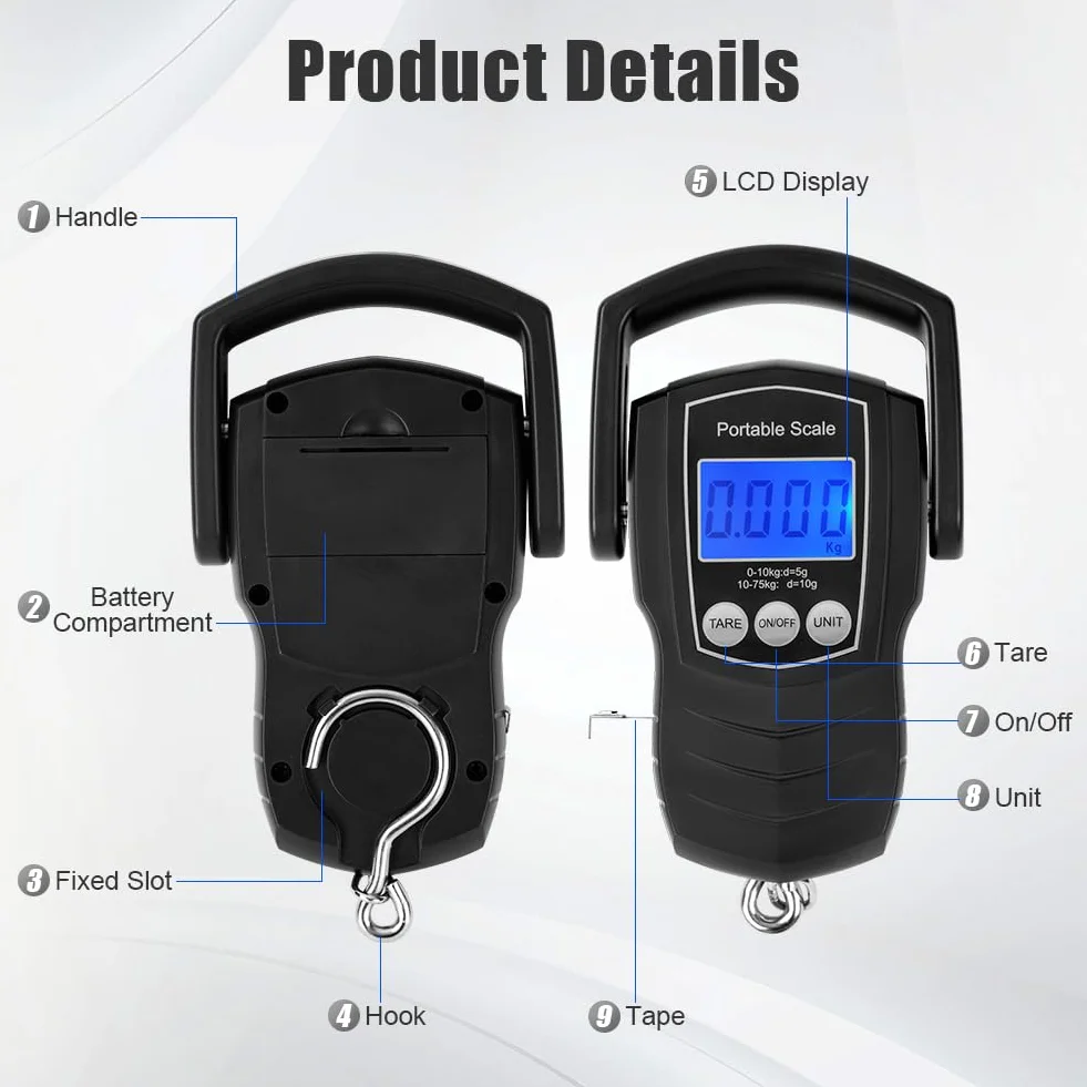 Flintronic Cyfrowa waga bagażowa, 165 lbs/75 kg, przenośna waga bagażowa, z podświetlanym wyświetlaczem LCD, wisząca waga wędkarska z taśmą pomiarową, odpowiednia do podróży i domu