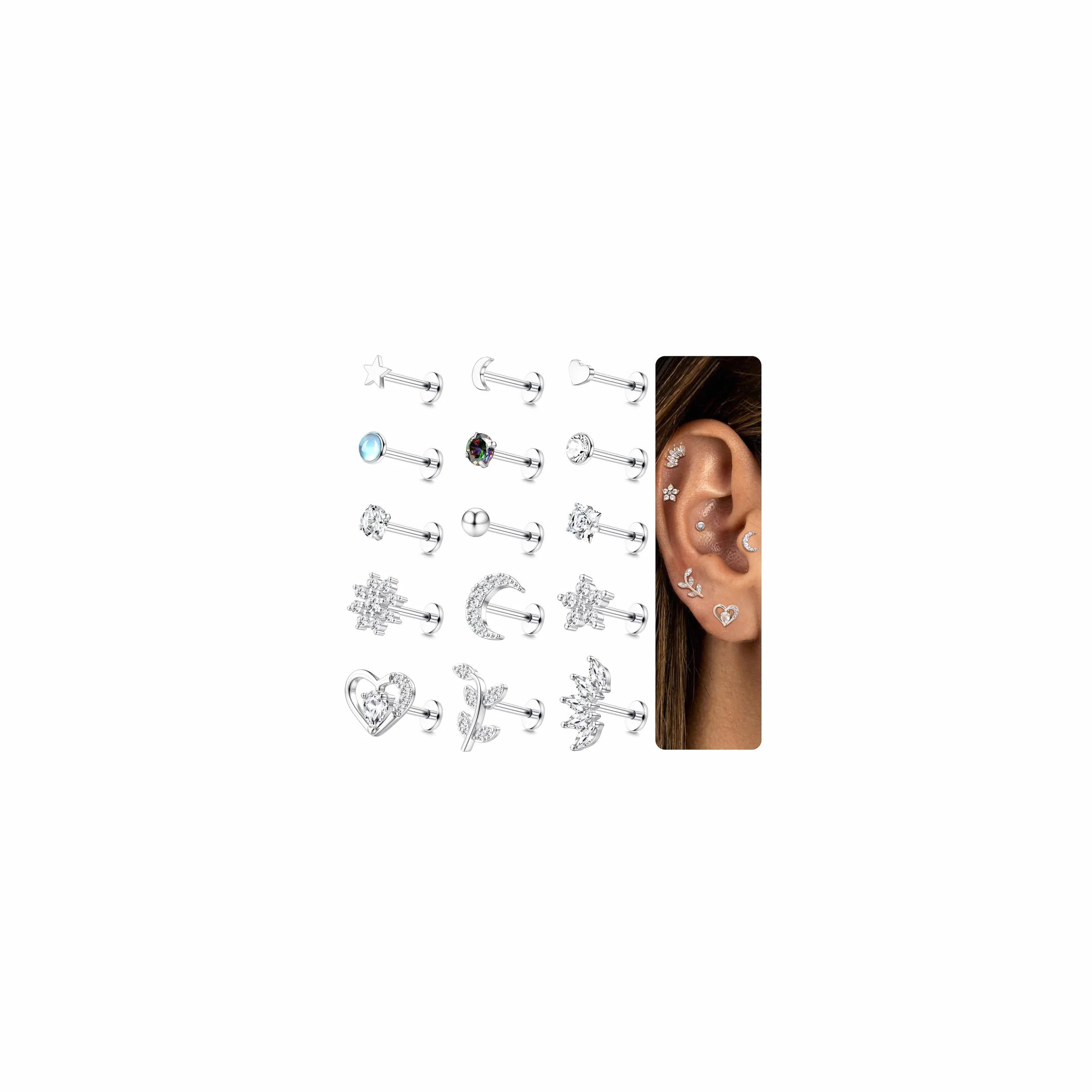 MILACOLATO 16G Cartilage Helix Tragus kolczyki srebrne piercing ucho labret do nosa stal chirurgiczna CZ kwiat opal gwiazda perła kolczyki małe pierścienie wargi piercing chrząstka ucha biżuteria dla