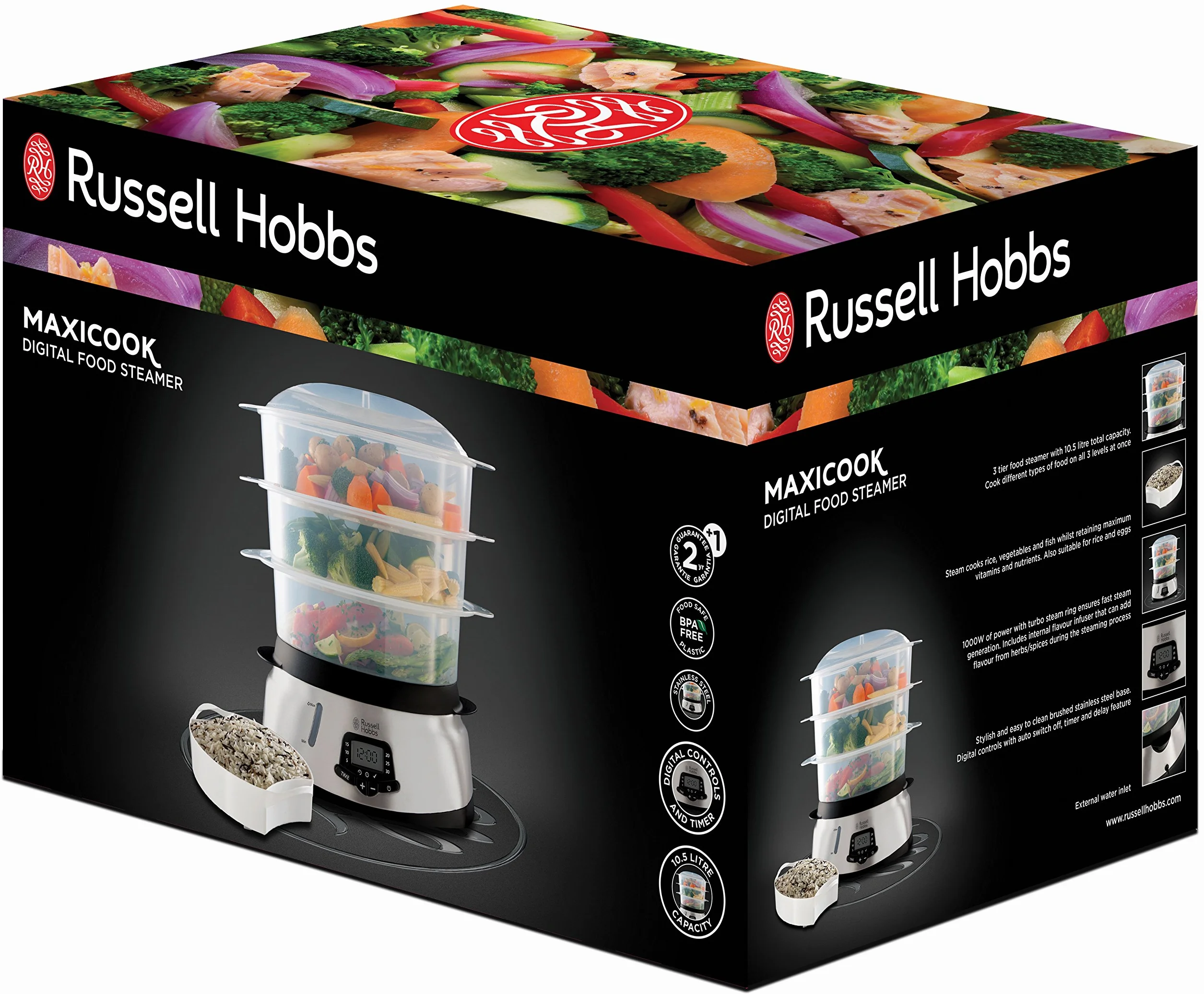 Russell Hobbs Parowar 10,5L cyfrowy wyświetlacz programowalny timer 3 pojemniki do gotowania na parze miska do ryżu 23560-56