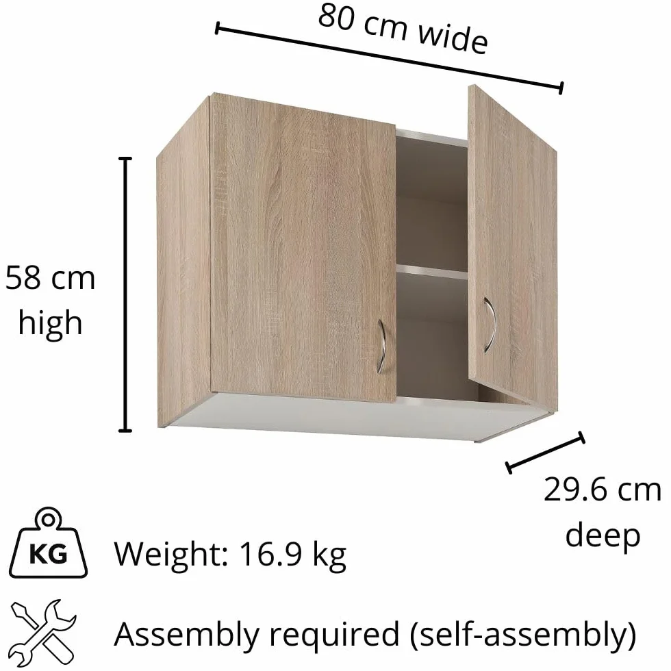 .Deftrans – Szafka wisząca do kuchni, szerokość 80 cm, nowoczesna szafka górna z drewna dębowego sonoma, wisząca szafka kuchenna z uchwytami drzwiowymi, chromowana – oszczędzająca miejsce szafka