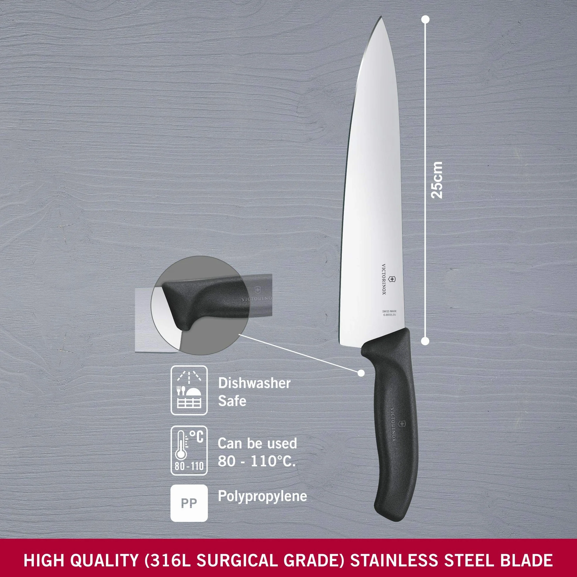 Victorinox Swiss Classic Tranchiermesser, extra scharfe Klinge, gerader Schliff, Kunststoff-Griff, Schwarz, spülmaschinengeeignet