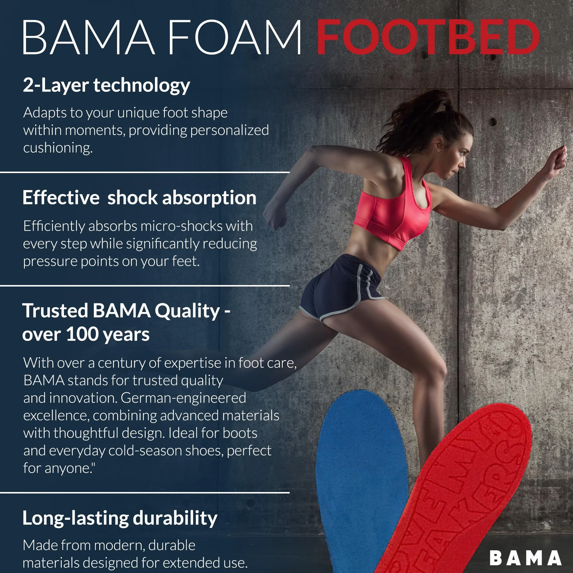 Wkładki do Butów Bama Foam Footbed - Wygodne Wkładki do Butów Sportowych, Trampek i Butów Codziennych Oddychające z Dodatkową Pianką Amortyzującą 1 Para - 41/42 EUR
