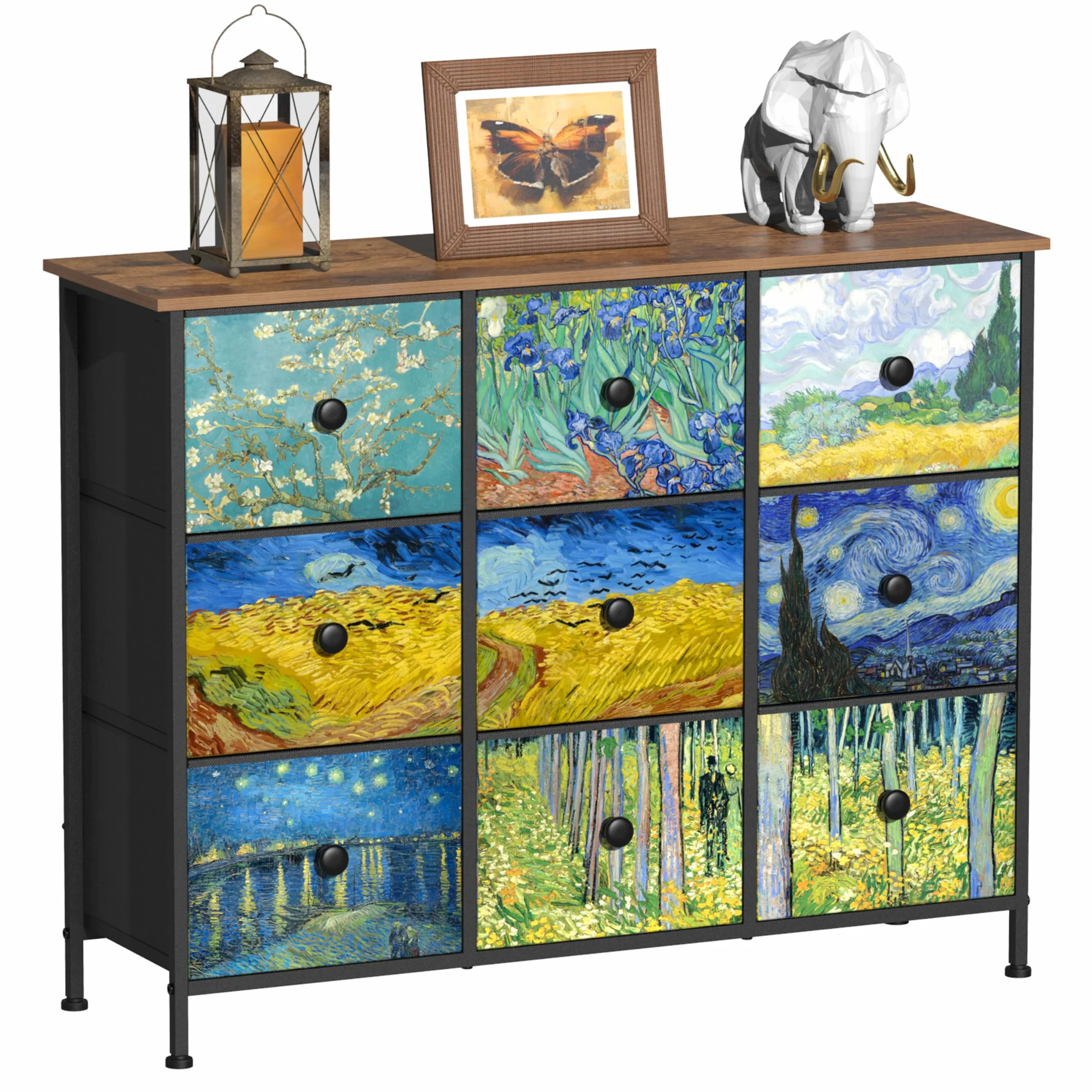 VEDECASA Van Gogh komoda z szufladami, 9 szuflad z materiału, z uchwytami, do szafy, salonu, pokoju dziecięcego, metalowa rama, płyta drewniana, komoda z materiału