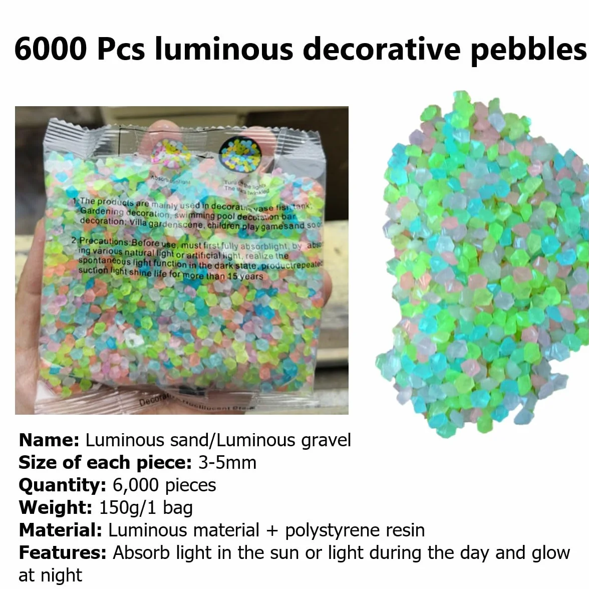 Kolorowy świecący piasek żwir fluorescencyjny kamienie dekoracyjne do akwarium ogrodnictwa 6000 szt.