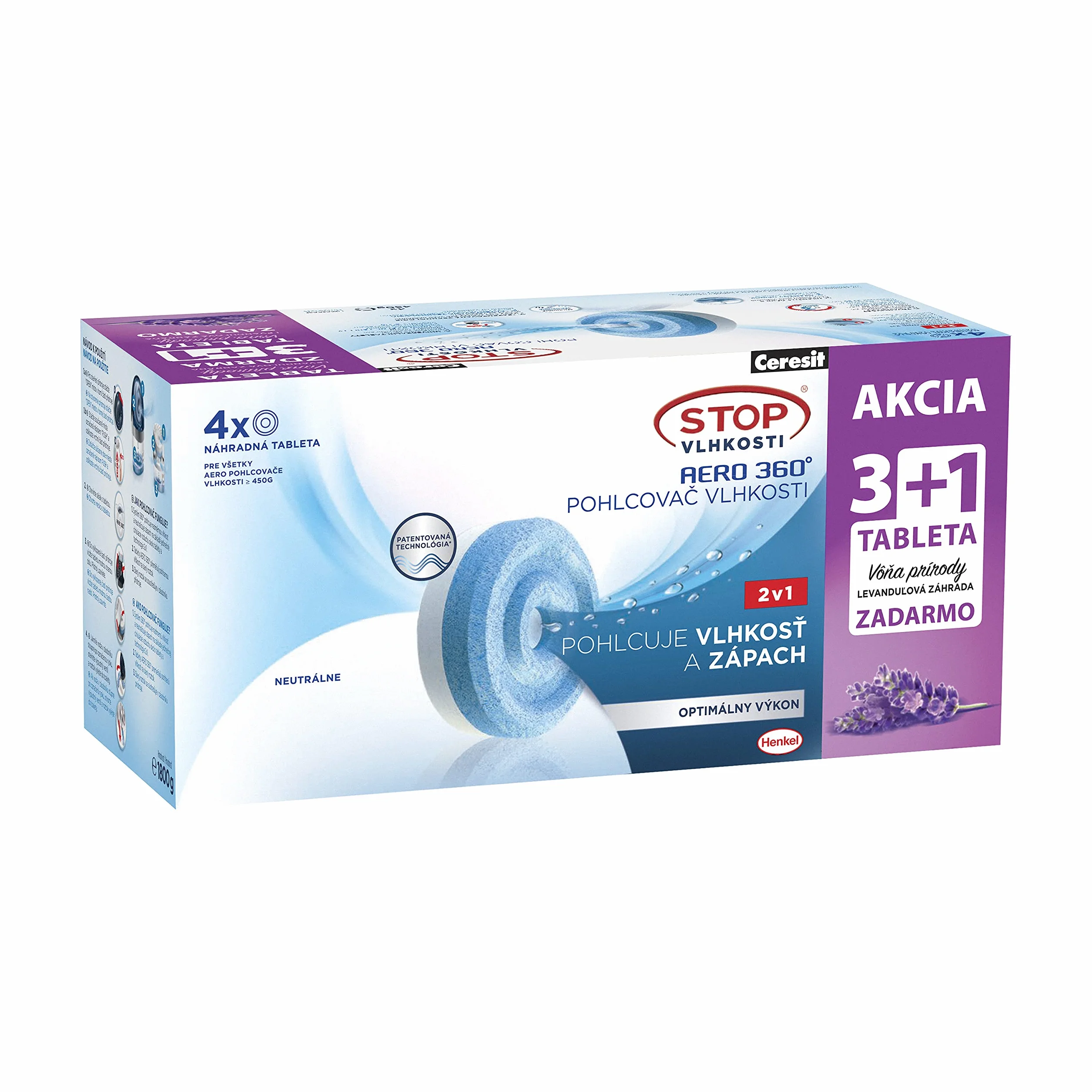 Ceresit STOP WILGOCI AERO 360°, 1 lawendowy + 3 neutralne wkłady do pochłaniacza wilgoci, nowoczesne tabletki pochłaniające wilgoć, chłonny neutralizator zapachów, 4x450g