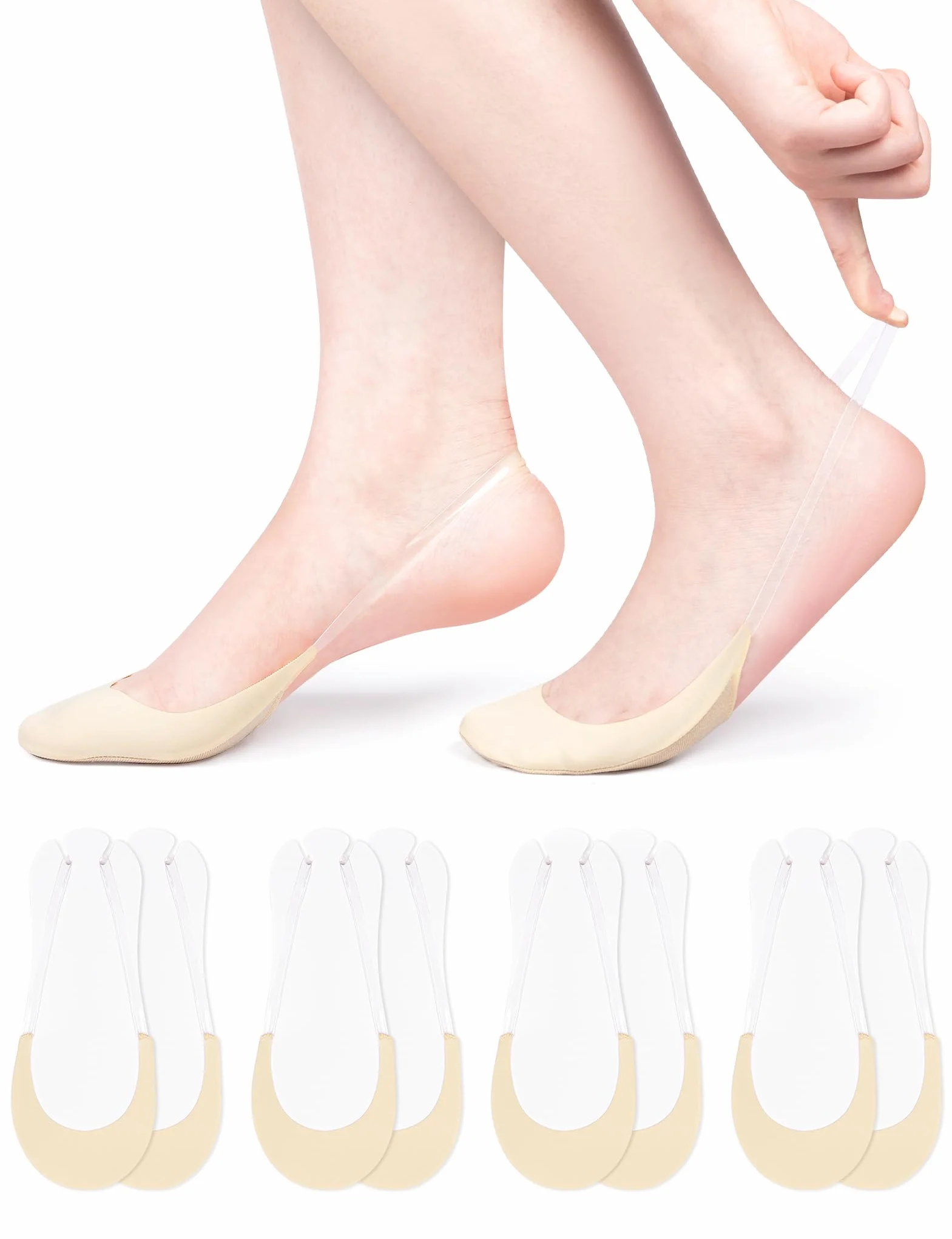 Becellen 4 pary damskich skarpet typu Slingback, No Show Ochraniacze na stopy Niewidoczne skarpety antypoślizgowe skarpetki z silikonem Antypoślizgowe Chusta do pompek na pięcie