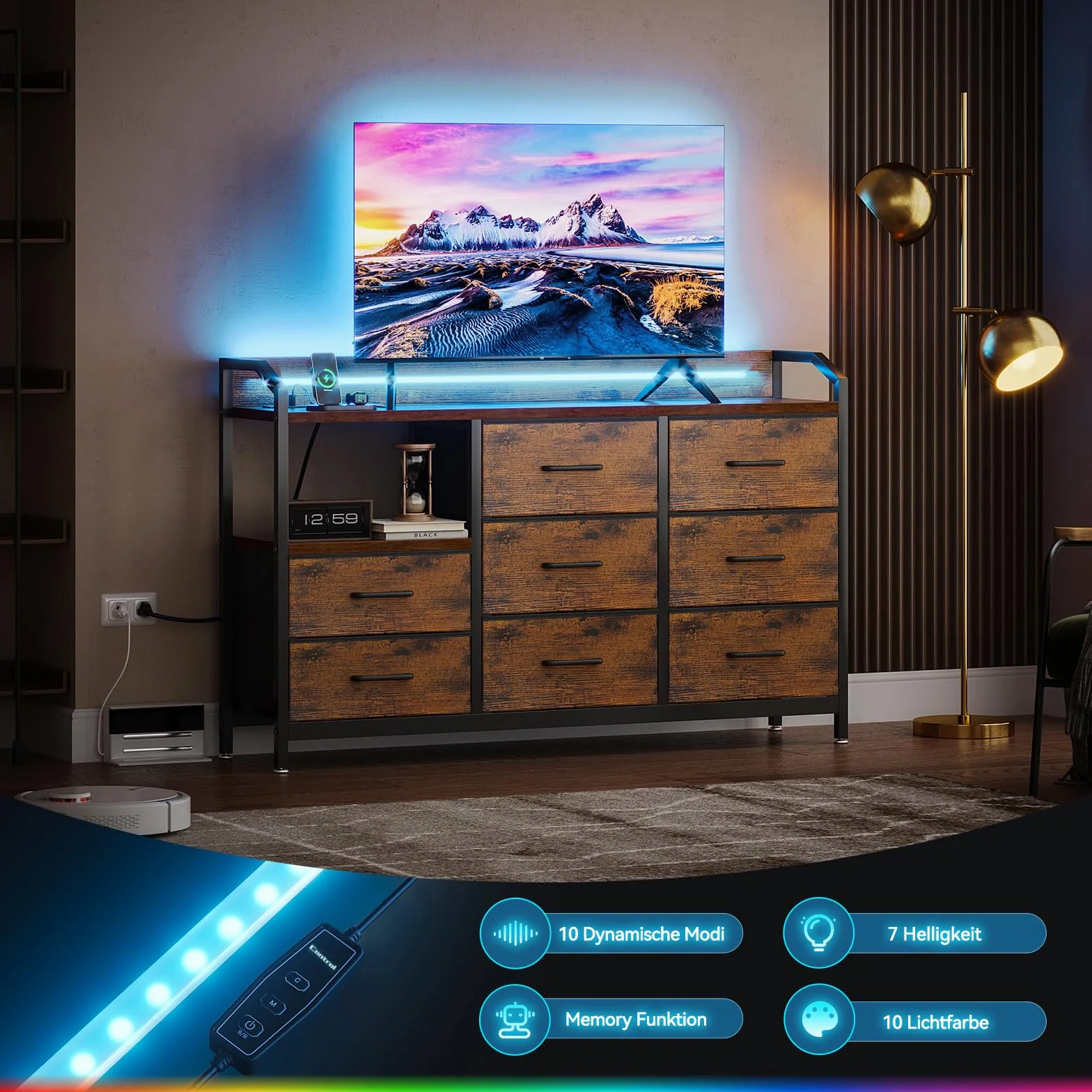 ODK Komoda z szufladami, szafka z szufladami z paskami LED o 10 regulowanych kolorach i 2 gniazdami USB oraz 2 gniazdami sieciowymi, 8 szuflad z tkaniny, komoda do salonu i sypialni, 110*30*88cm