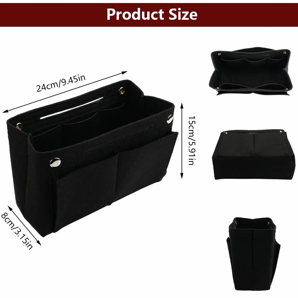 Filcowy Organizer do Torebki, 24 x 8 x 15 cm, Kieszeń Wewnętrzna z Wieloma Przegródkami (Czarny) | Filcowy organizer do torebki, organizer wewnętrzny, kieszeń wewnętrzna na torebki z wieloma przegródkami