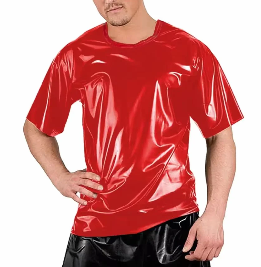 Męskie koszulki klubowe patchworkowe z krótkim rękawem PVC skórzane topy bodycon outdoorowa odzież uliczna personalizacja