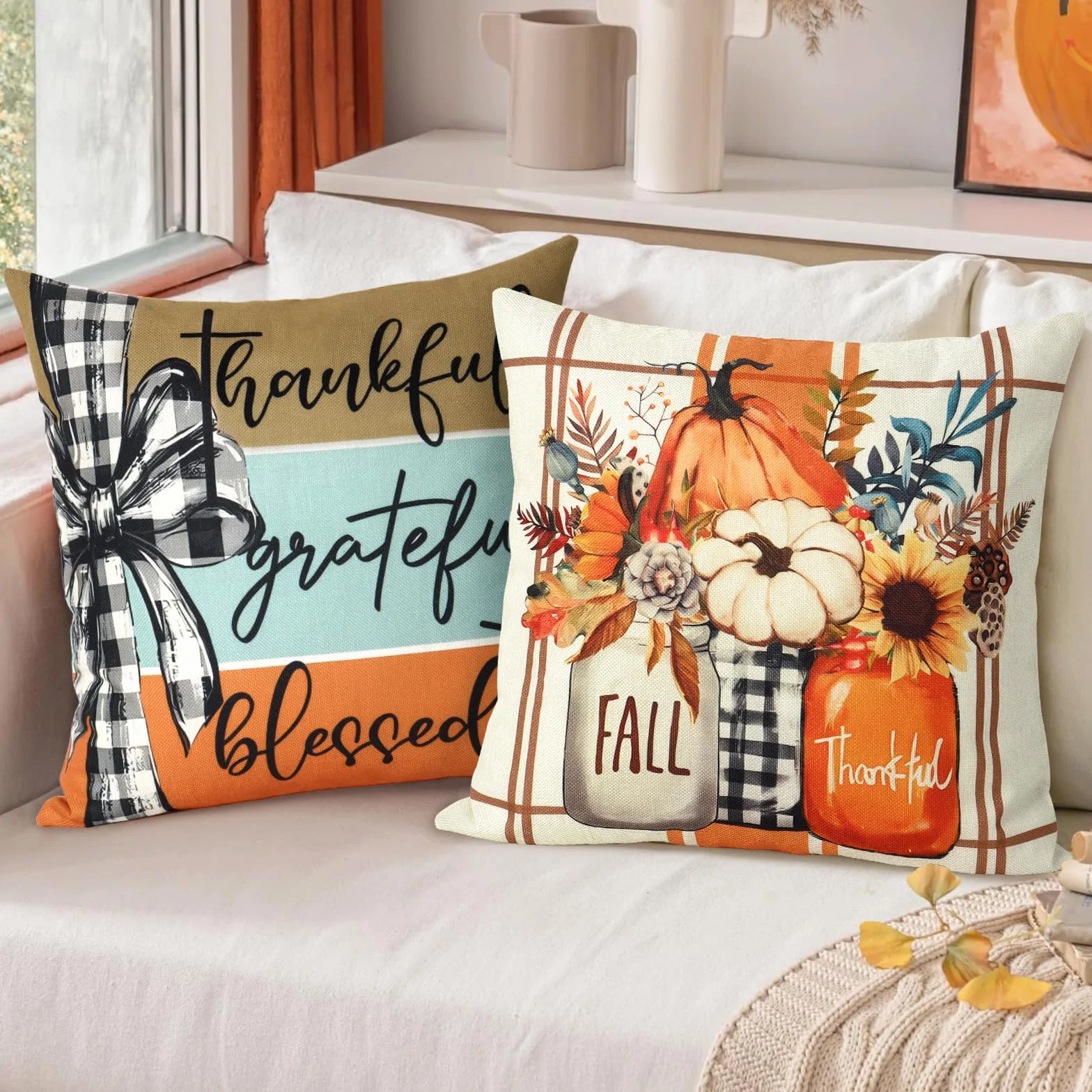 Dremisland Zestaw 4 poszewek na poduszki 45 x 45 cm pomarańczowa dynia dekoracyjna na Halloween