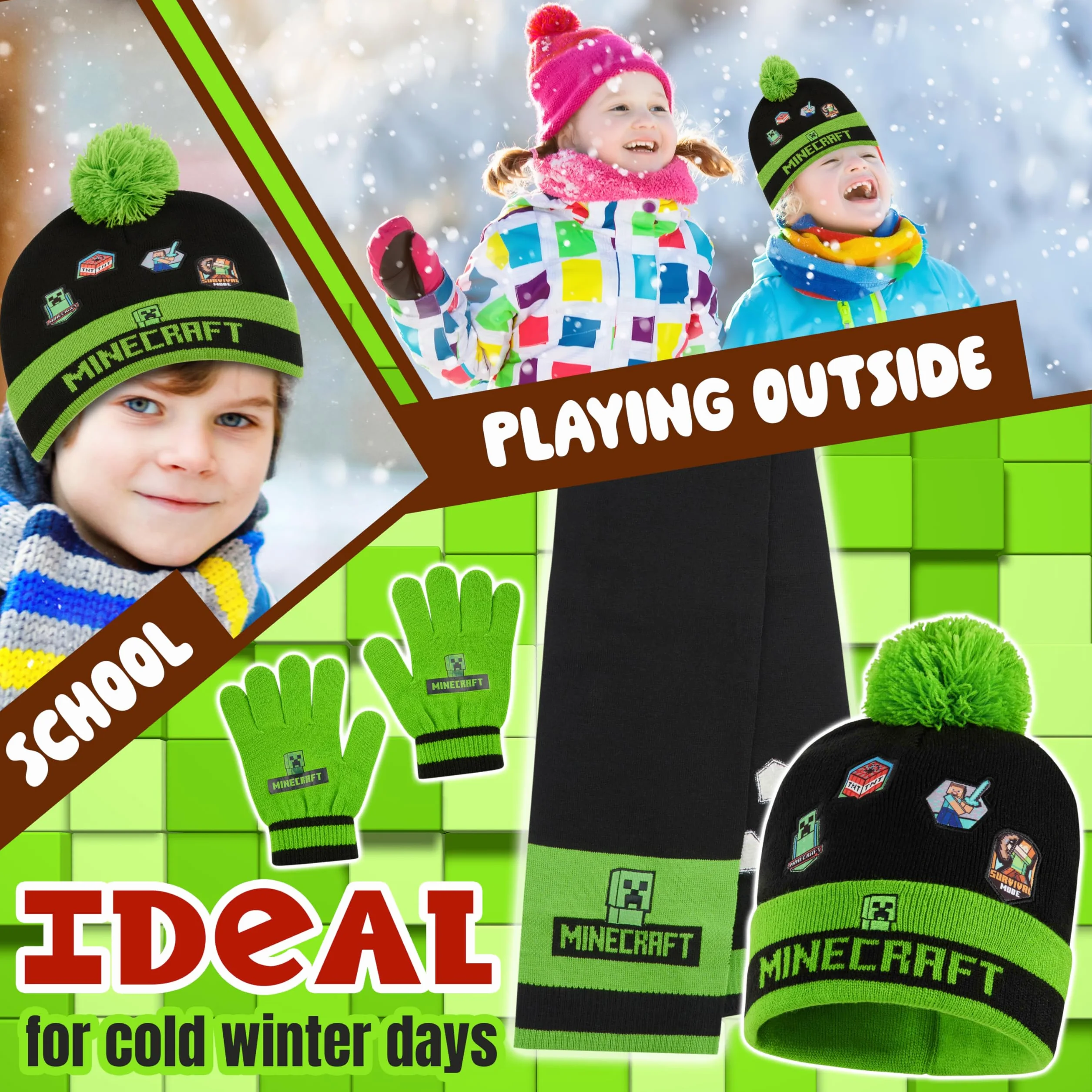 Minecraft Czapka beanie, szalik i rękawiczki, zestaw dla chłopców i dziewcząt