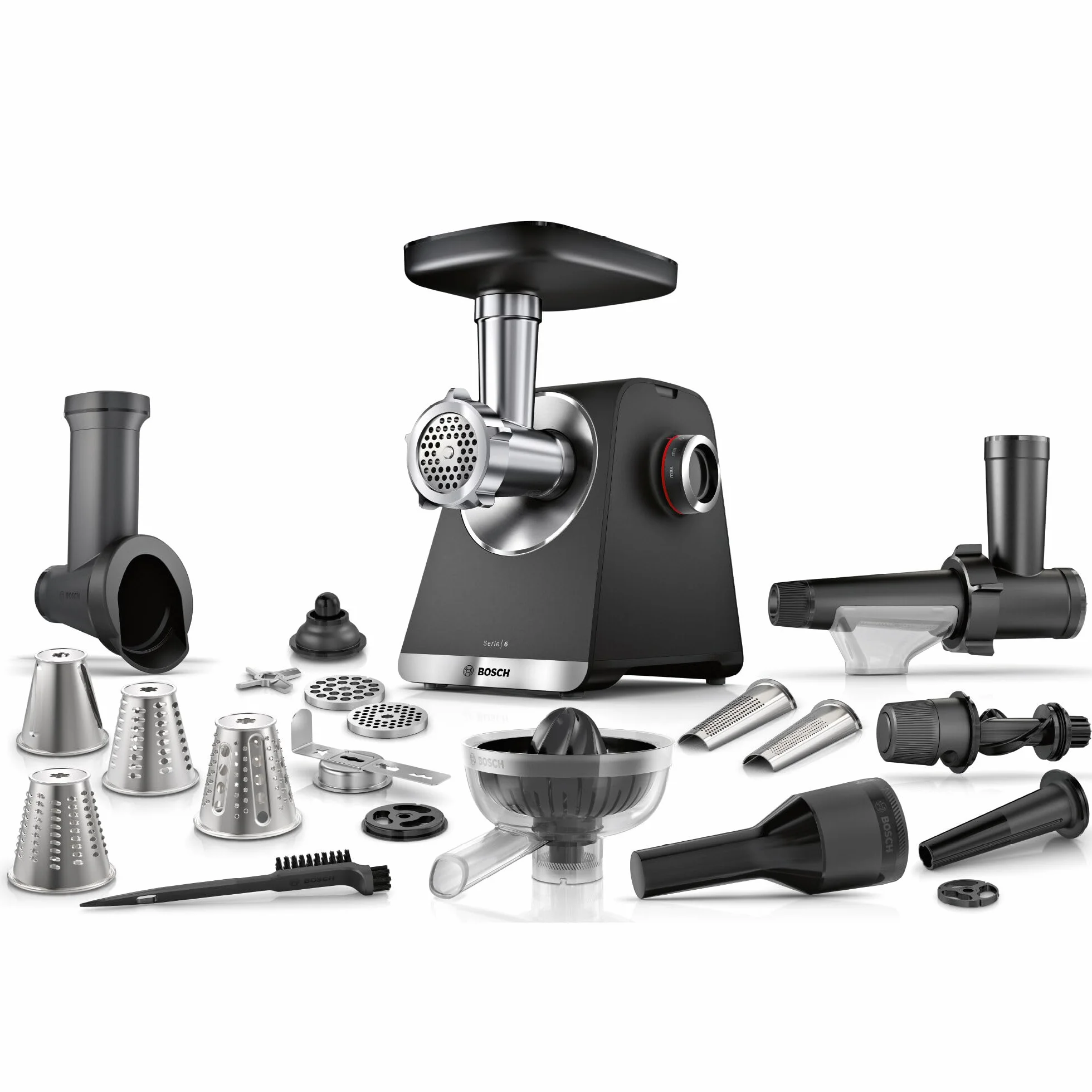 Bosch maszynka do mięsa seria 6 MFWS682B, 3,5 kg/min, wyciskarka do cytrusów, tarka, ubijak do kiełbasy, 2 tarcze perforowane (3 i 8 mm), silnika 10 J, przekładnia planetarna, czarna