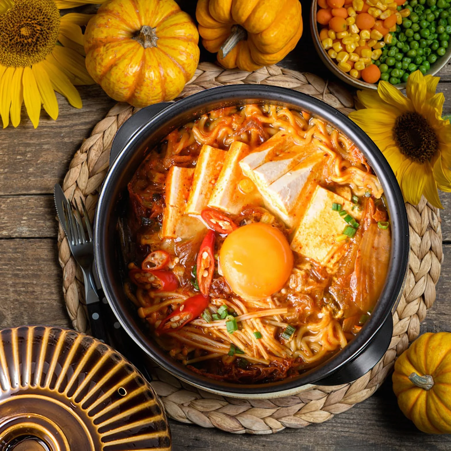 Skelang ceramiczna miska Bibimbap 1,6 l z pokrywką i tacą miedź vintage