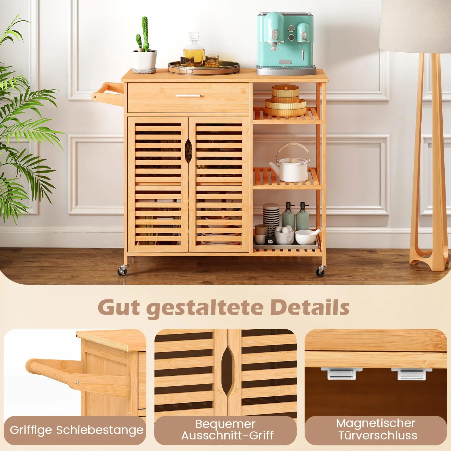 COSTWAY wózek kuchenny z drewna i bambusu, szafka kuchenna na kółkach, wózek z szufladą, otwartymi półkami, uchwytem na ręczniki, 2 drewnianymi drzwiami, do jadalni, salonu, 104 x 40 x 89 cm, kolor