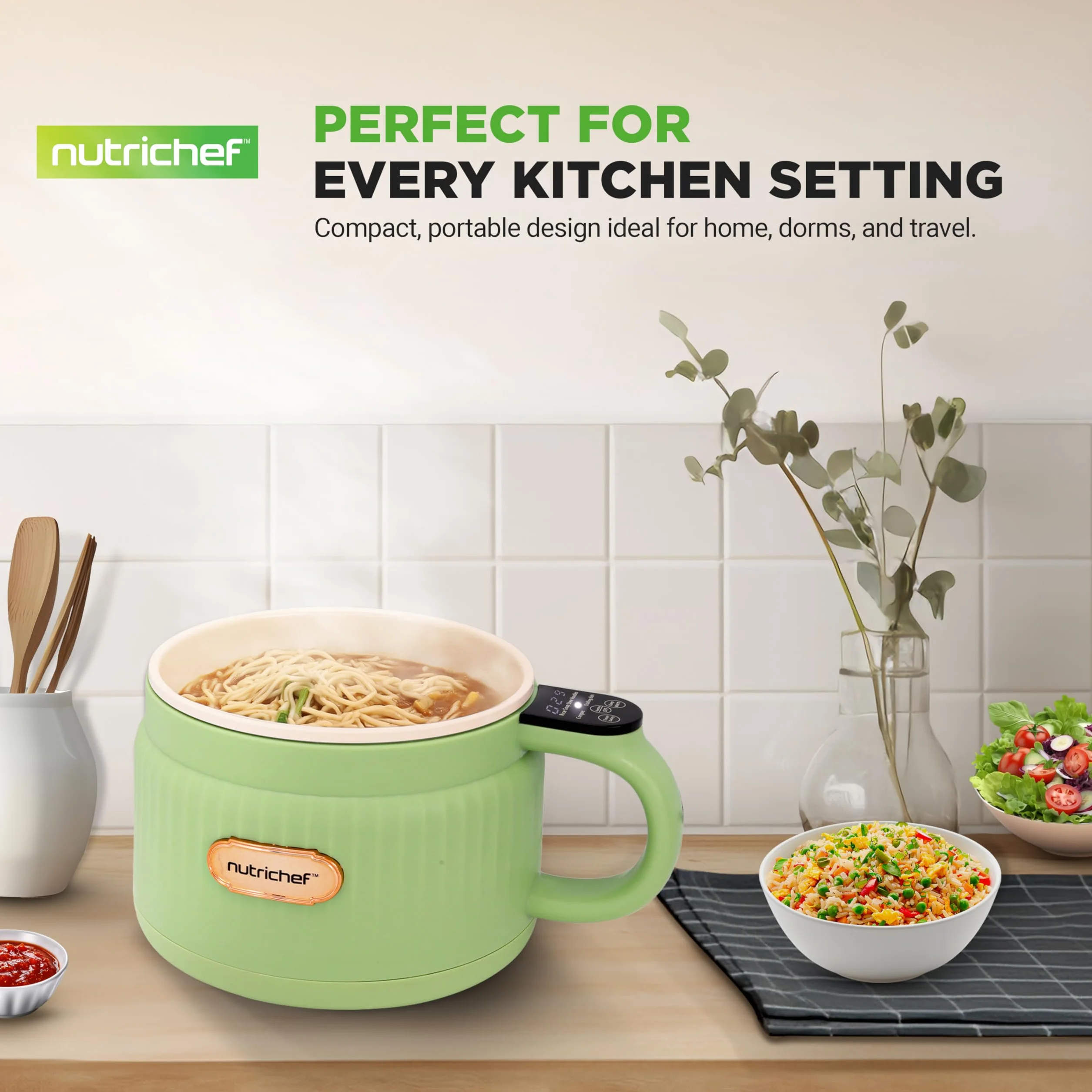 NutriChef 1.6 QT Elektryczny Garnek Do Ryżu Wielofunkcyjny Ceramika Antypoślizgowa Panel Cyfrowy 6 Funkcji Gotowania Zielony