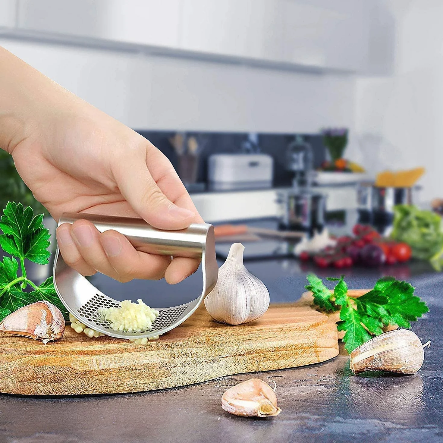 Prasa do czosnku ze stali nierdzewnej,Profesjonalny zestaw wyciskacz do czosnku, kuchenna kruszarka do czosnku,rozdrabniacz do czosnku,siekacz czosnku, z zestawem obieraczek i szczotek czyszczących