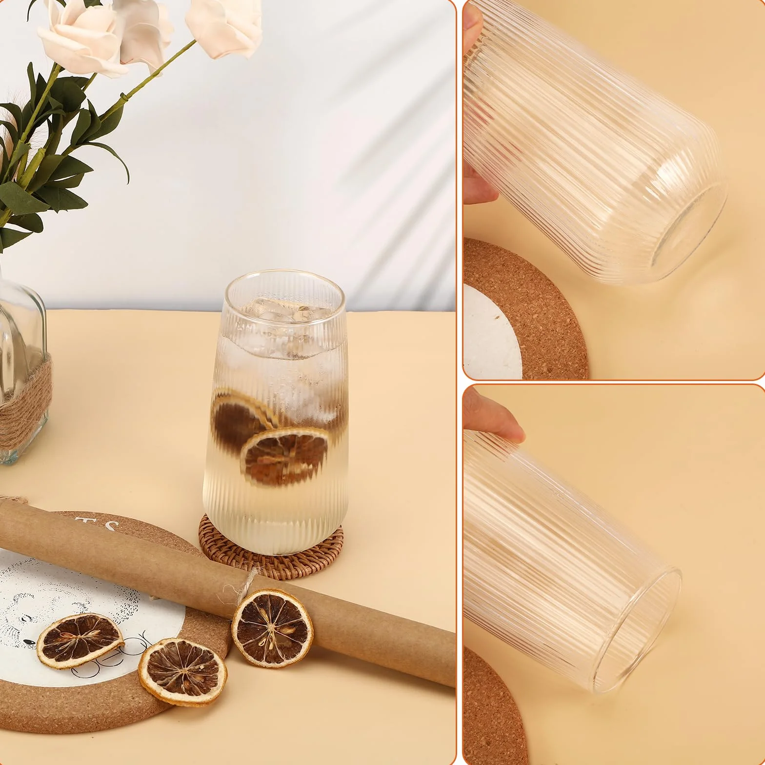 Auauraintt Szklanki do Latte Macchiato i Cappuccino - 4 Sztuki, 500 ml, Prążkowane Kubki Szklane, Przezroczyste, Odporne na Wysoką Temperaturę, do Margarity, Koktajli, Kawy