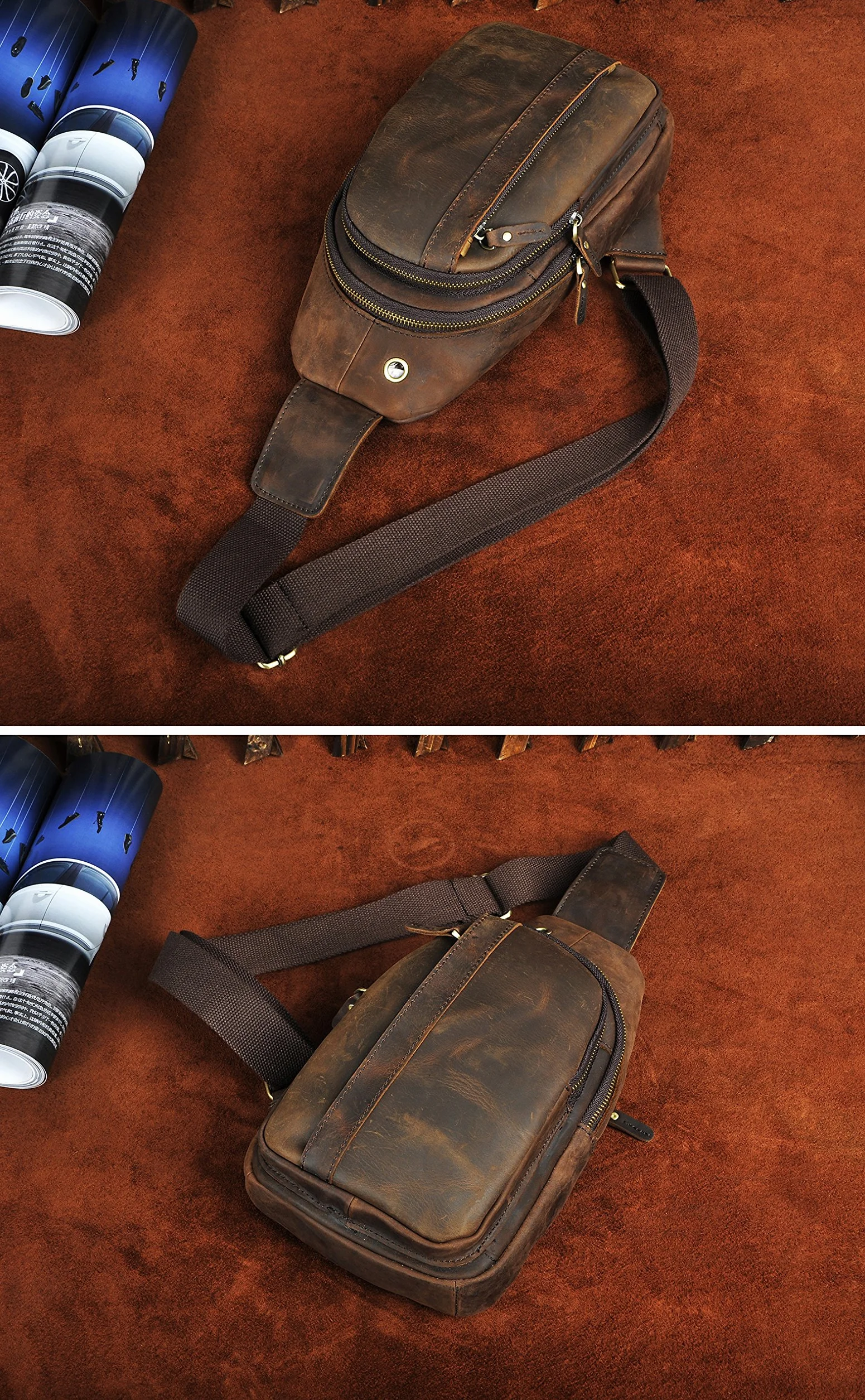 Le’aokuu Męska skórzana saszetka na biodra Saszetka na klatkę piersiową Torba na brzuch Torba crossbody Torba na ramię Torba na ramię Torba na szyję Do joggingu motocyklowego 010 (010 A-ciemny brąz)