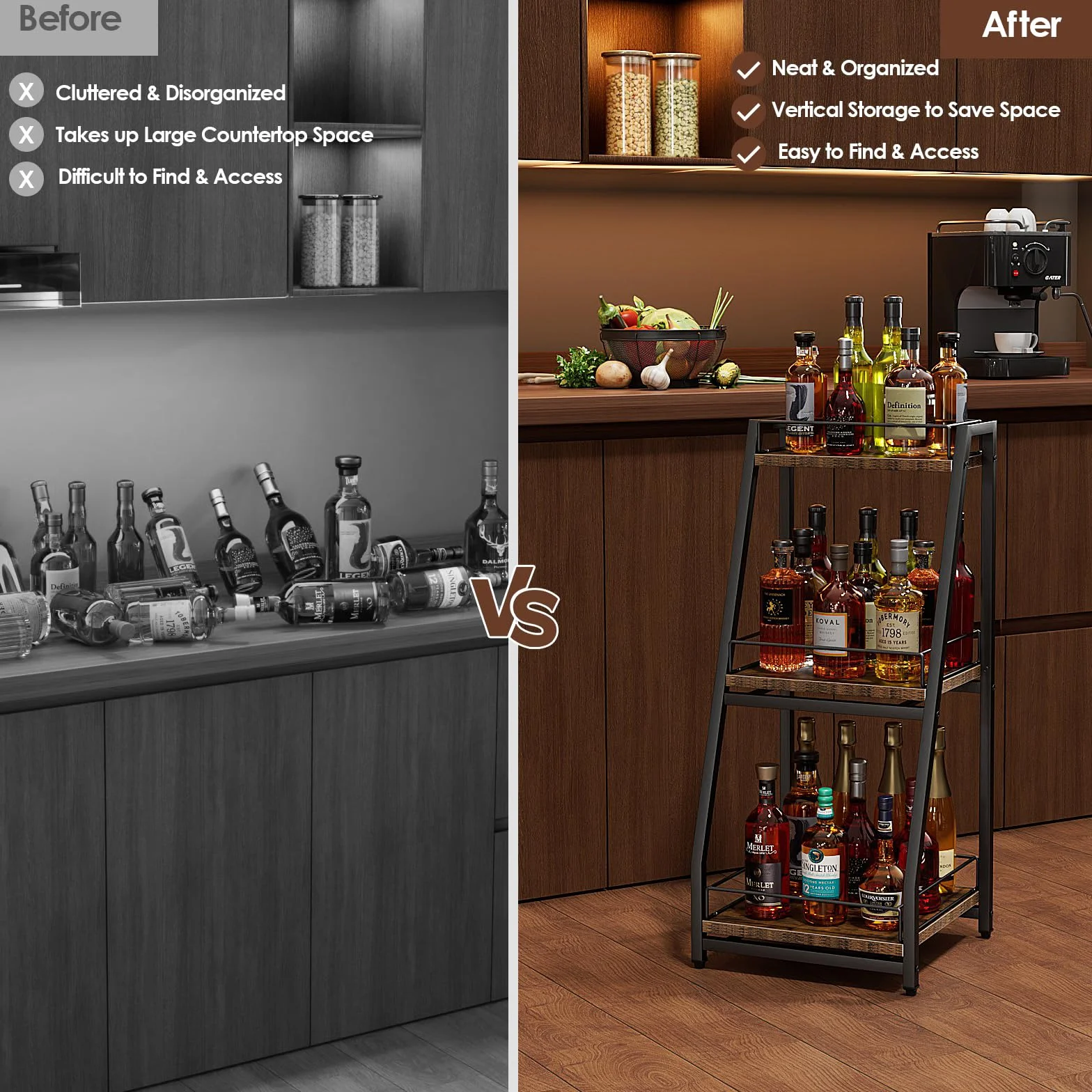 Nuovoware 3-poziomowa szafka na alkohol Mini Bar, stojak na wino z barierkami i szufladą