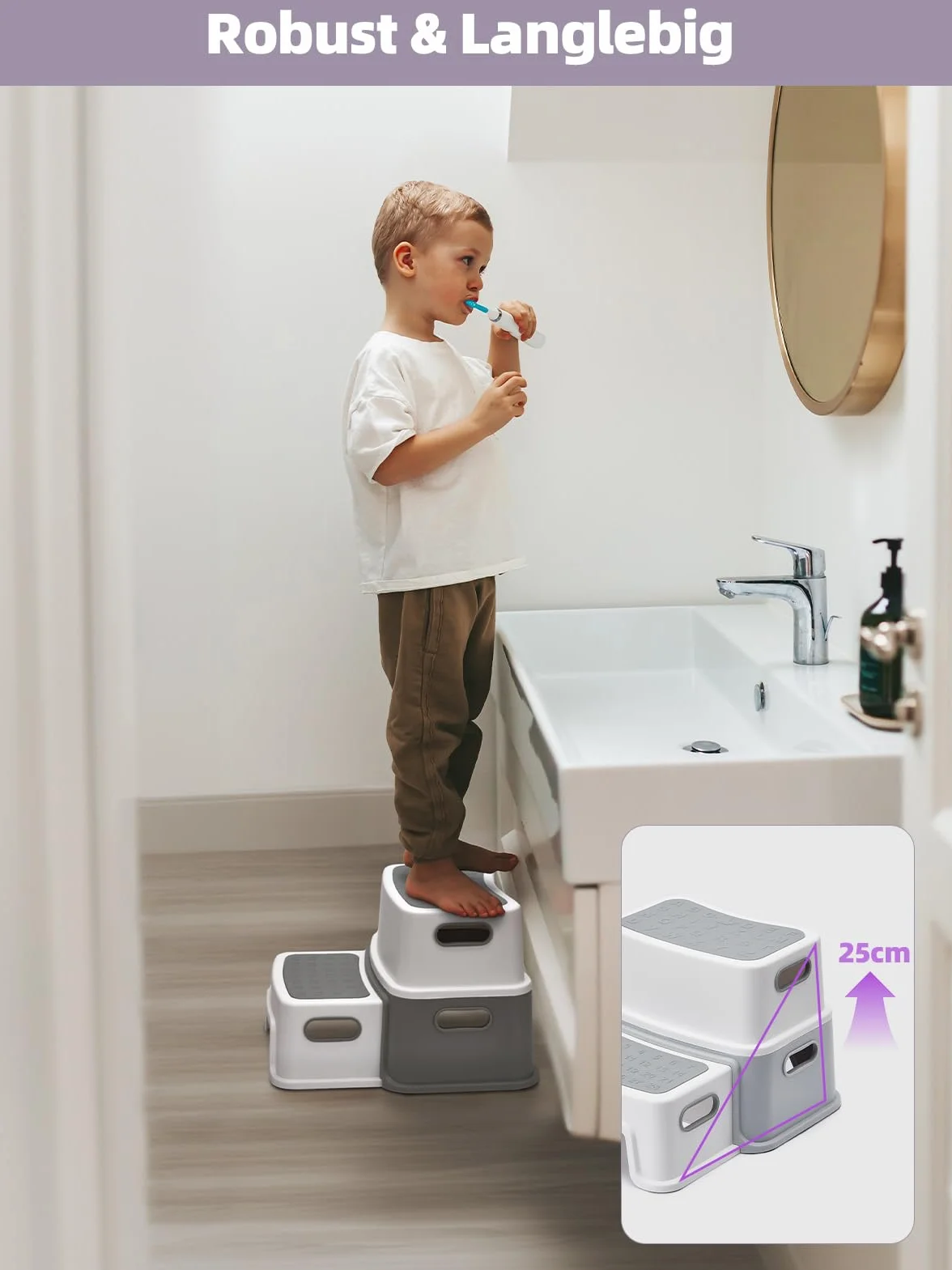 HOUSE DAY Stołek dla dzieci, 2 stopnie (wysokość: 25 cm), bezpieczny taboret do stąpania z antypoślizgowymi nóżkami, do łazienki, toalety, taboret do stąpania