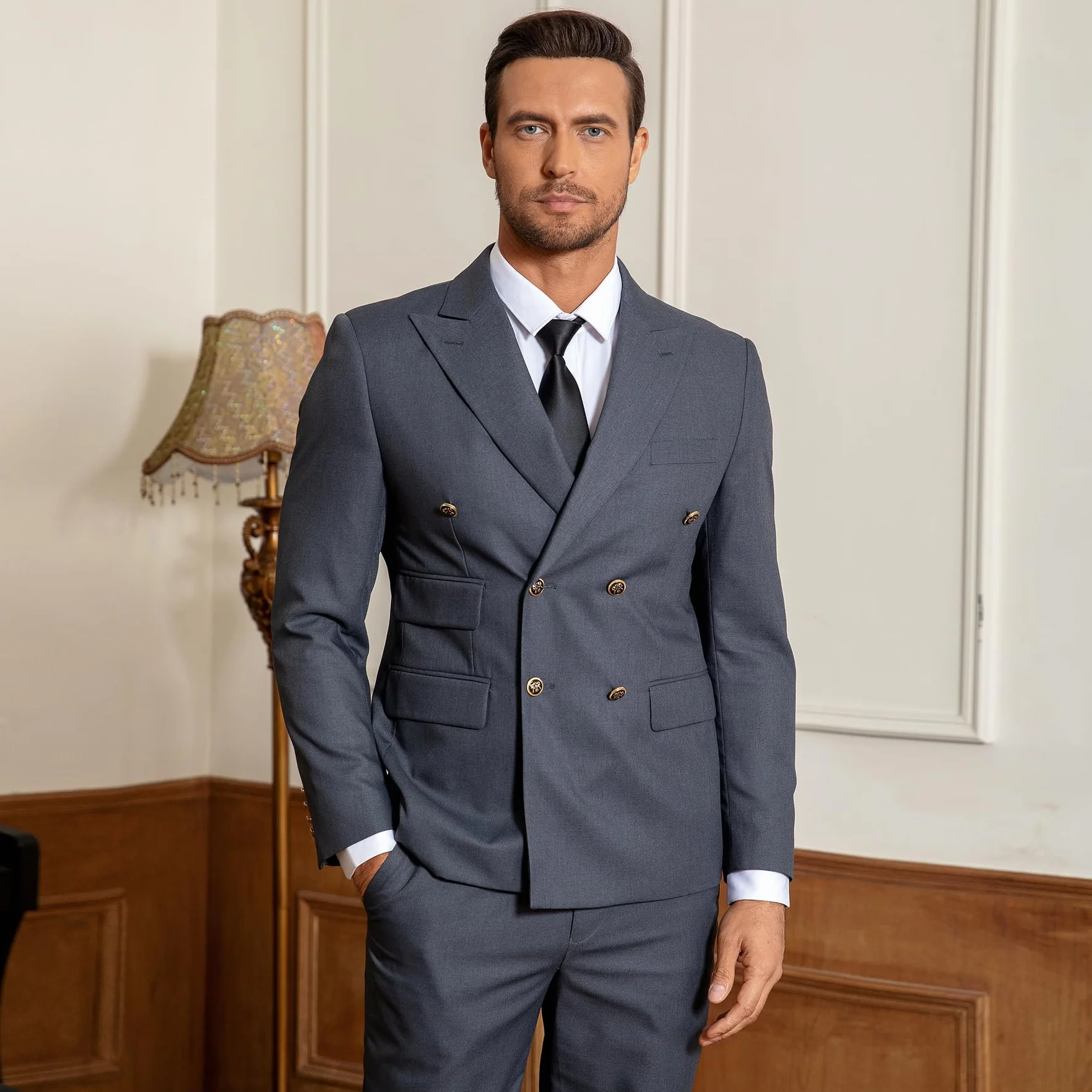 Allthemen 2-częściowa sukienka męska, slim fit, dwurzędowa, jednokolorowa, biznesowa, elegancka
