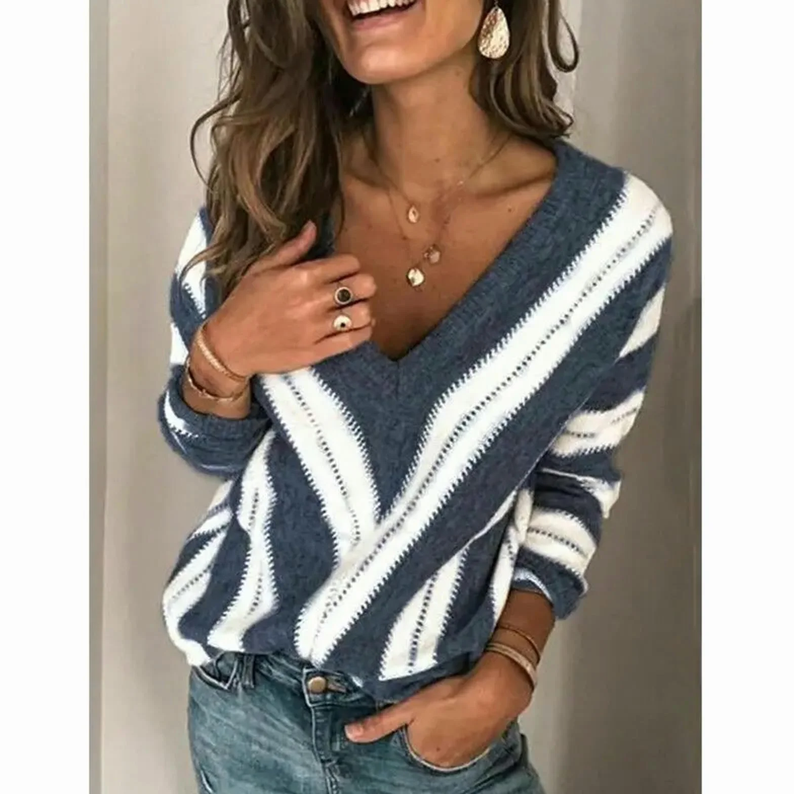 Sweter w paski patchworkowy sweter z dzianiny sweter z dekoltem w serek damski luźny codzienny ciepły sweter-fioletowy-S