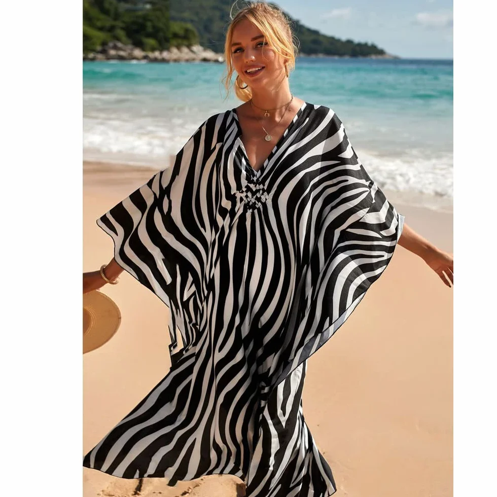 Kaftan damska długa sukienka plażowa w stylu boho, letnia sukienka maxi, pareo, okrycie bikini, na urlop i plażę