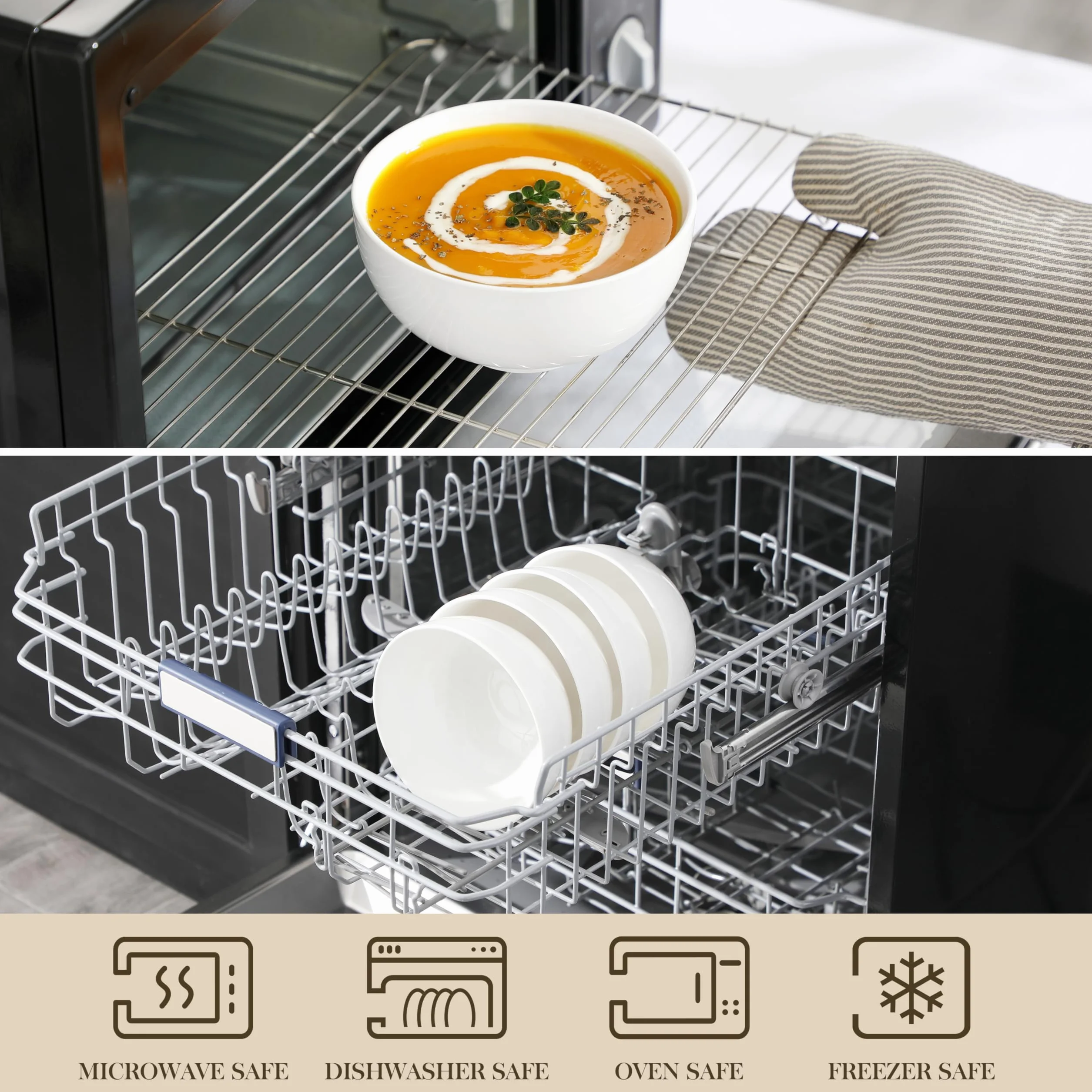 MALACASA Regular Series 4 szt. białych porcelanowych misek na płatki 780 ml, okrągłe miski śniadaniowe, miski do sałatek 15 cm, miski do sałatek, miski do zupy i ryż
